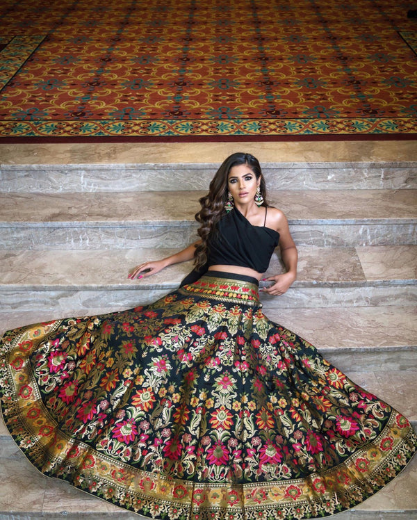Midnight Black Banarasi Silk Lehenga Choli with Zari Weaving & Georgette Blouse