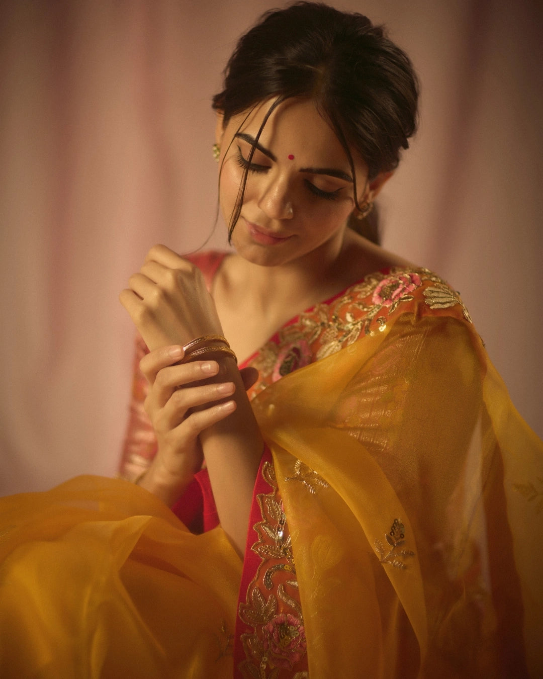 Yellow Organza Silk Saree with Intricate Thread & Bead Embroidery and Full Sleeve Floral Blouse