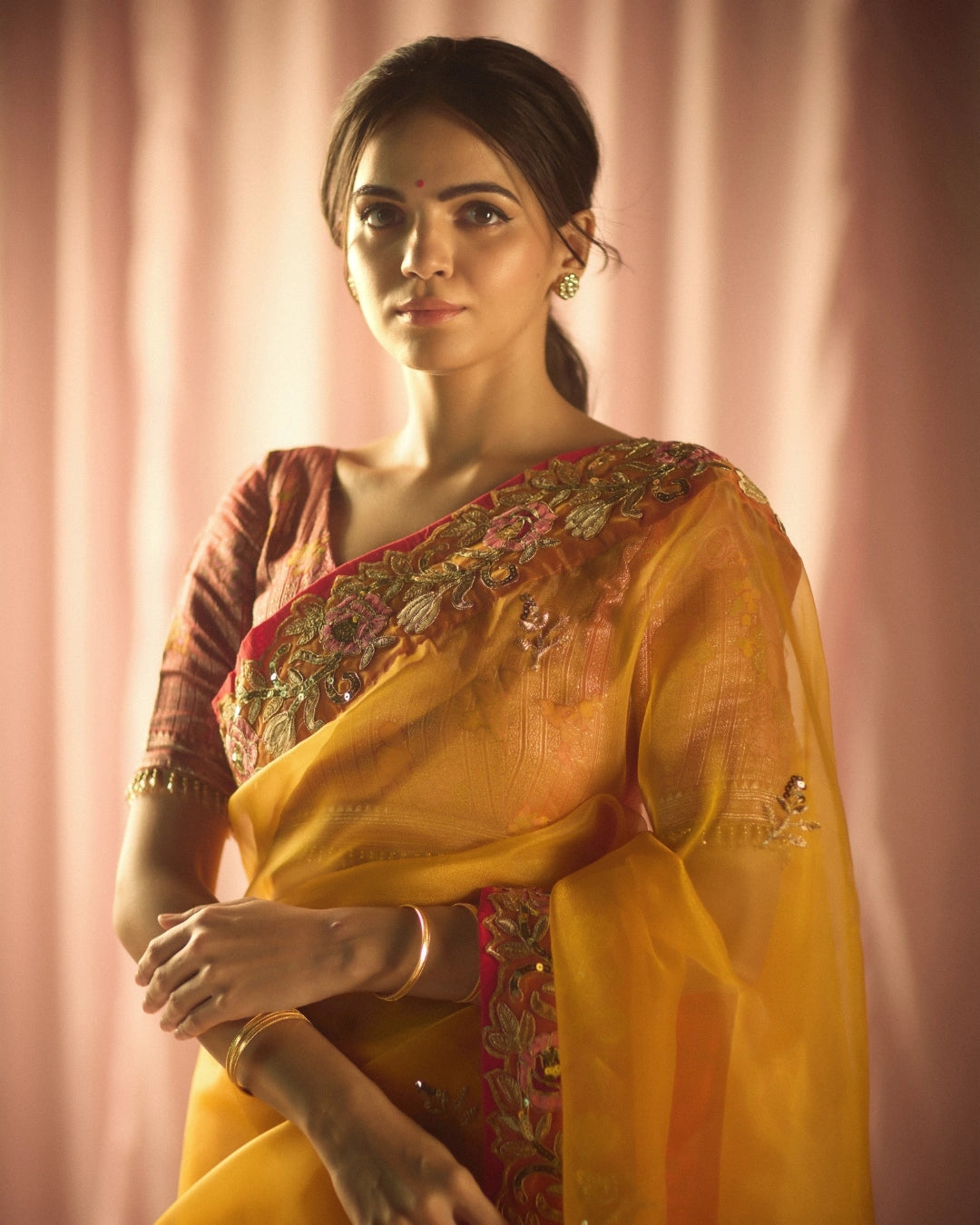 Yellow Organza Silk Saree with Intricate Thread & Bead Embroidery and Full Sleeve Floral Blouse