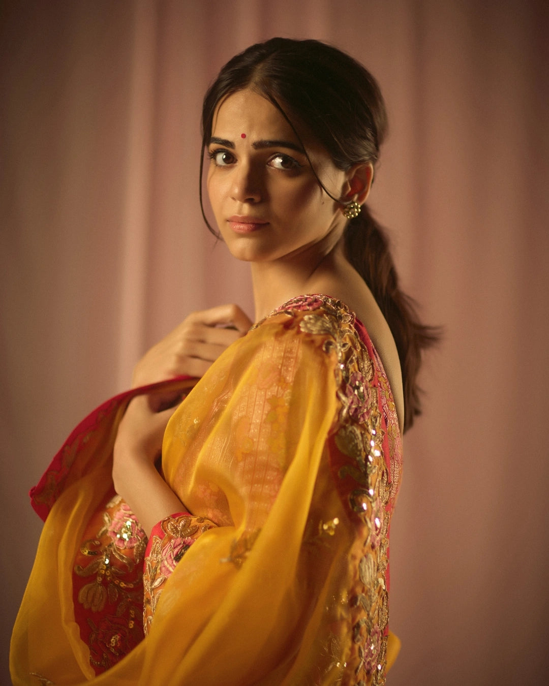 Yellow Organza Silk Saree with Intricate Thread & Bead Embroidery and Full Sleeve Floral Blouse