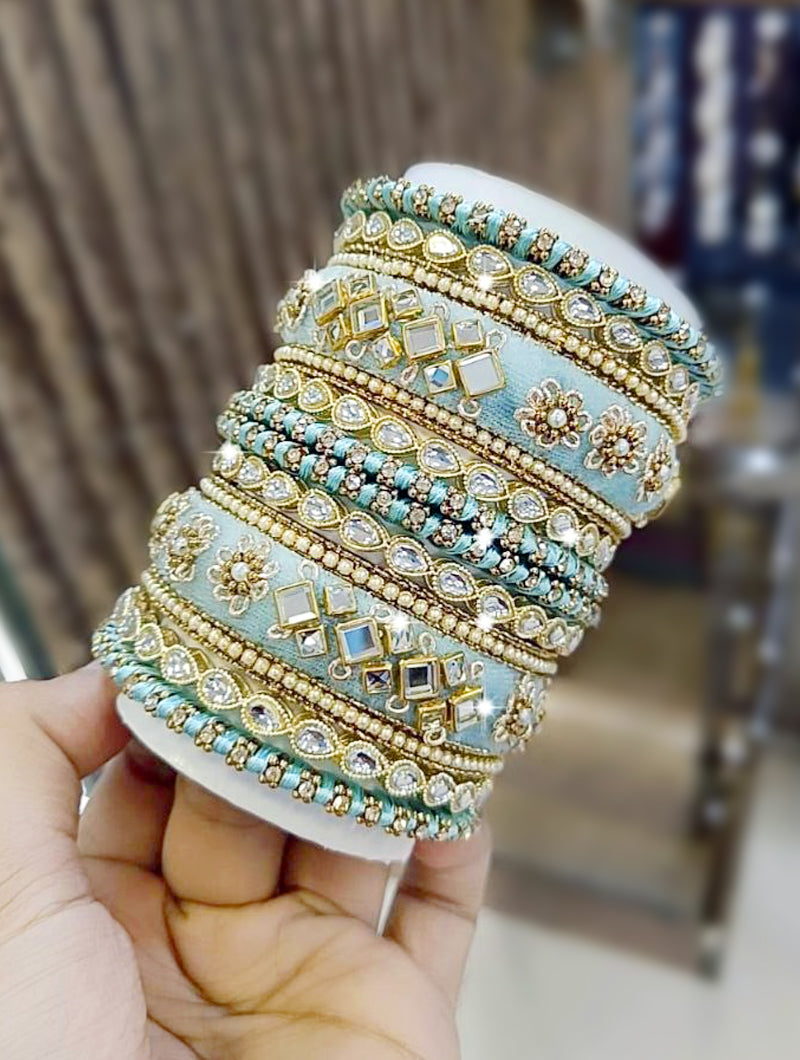 Sky Blue Bangles with Zarkan, Mirror, and Zari Work - Nonita Fashion