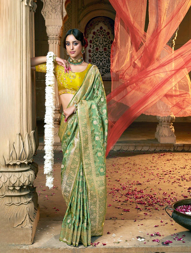 Serene Leaf Satin Saree - Nonita Fashion