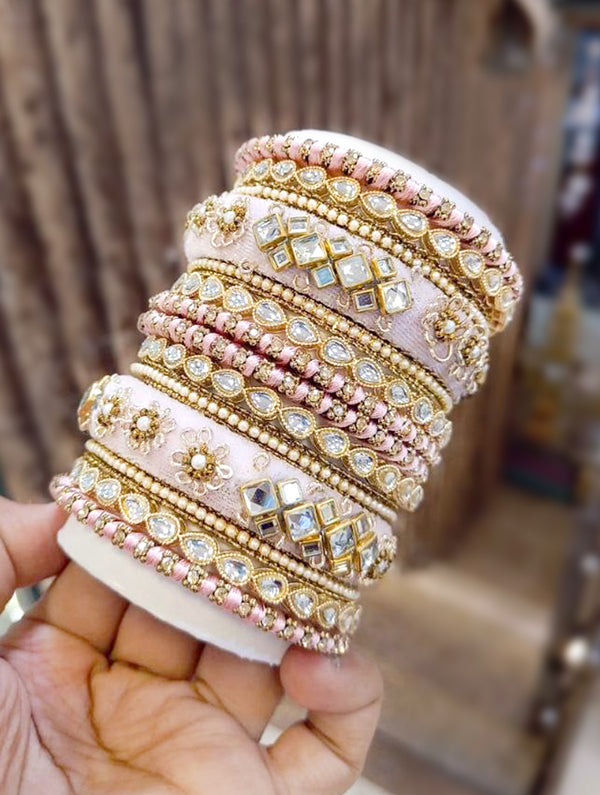 Pink Bangles with Zarkan, Mirror, and Zari Work - Nonita Fashion