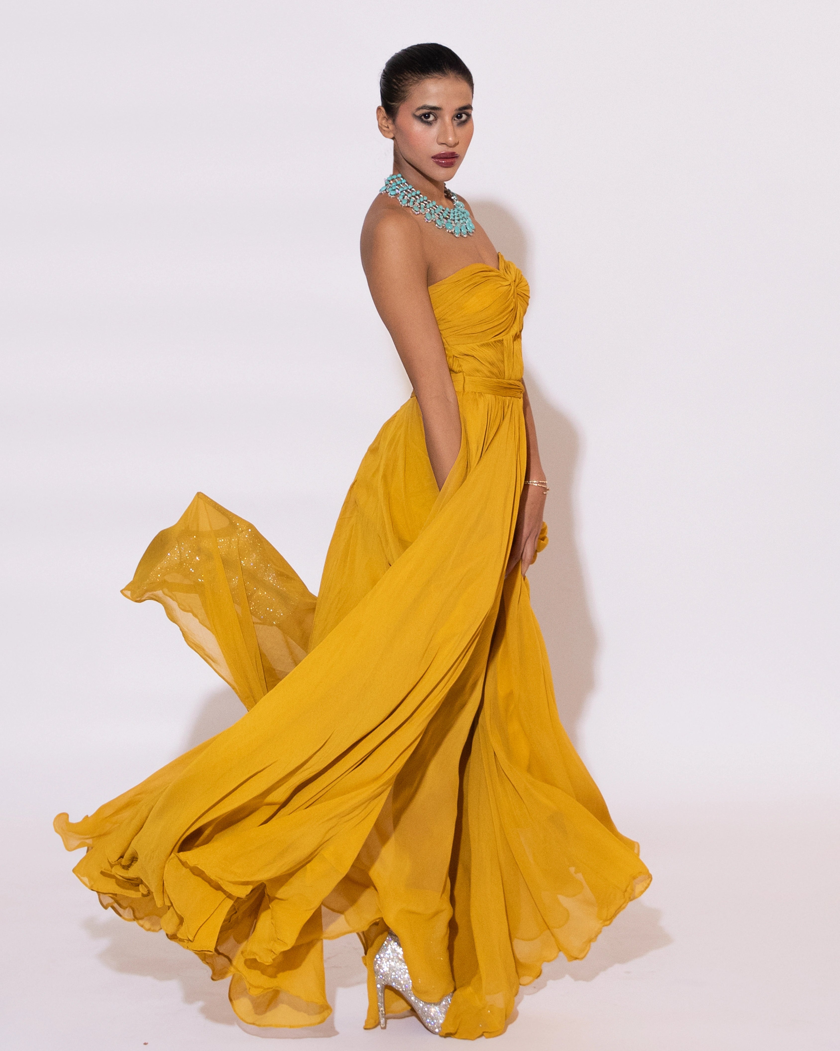 Yellow Georgette Flowing Strapless Gown with Strapless Bodice Dress