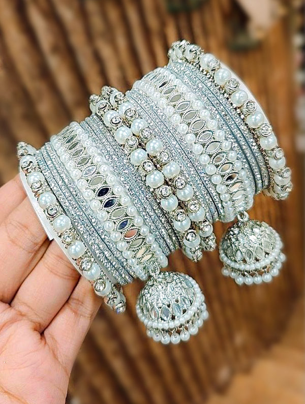 Silver Bangles with Jhumar, Mirror, Stone, and Moti work - Nonita Fashion