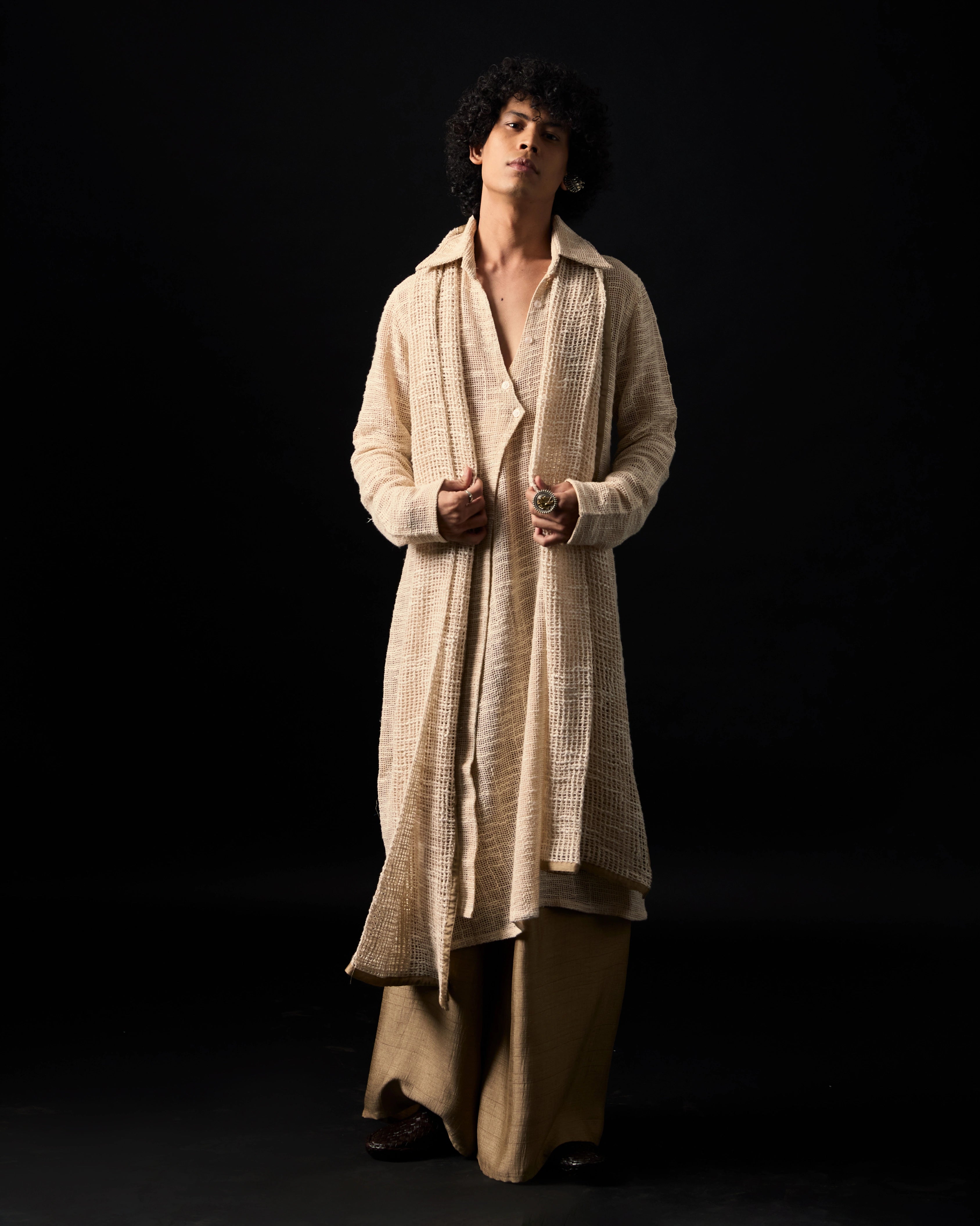Nomad Long Kurta Set With Relaxed Pants And Long Knit Dupatta