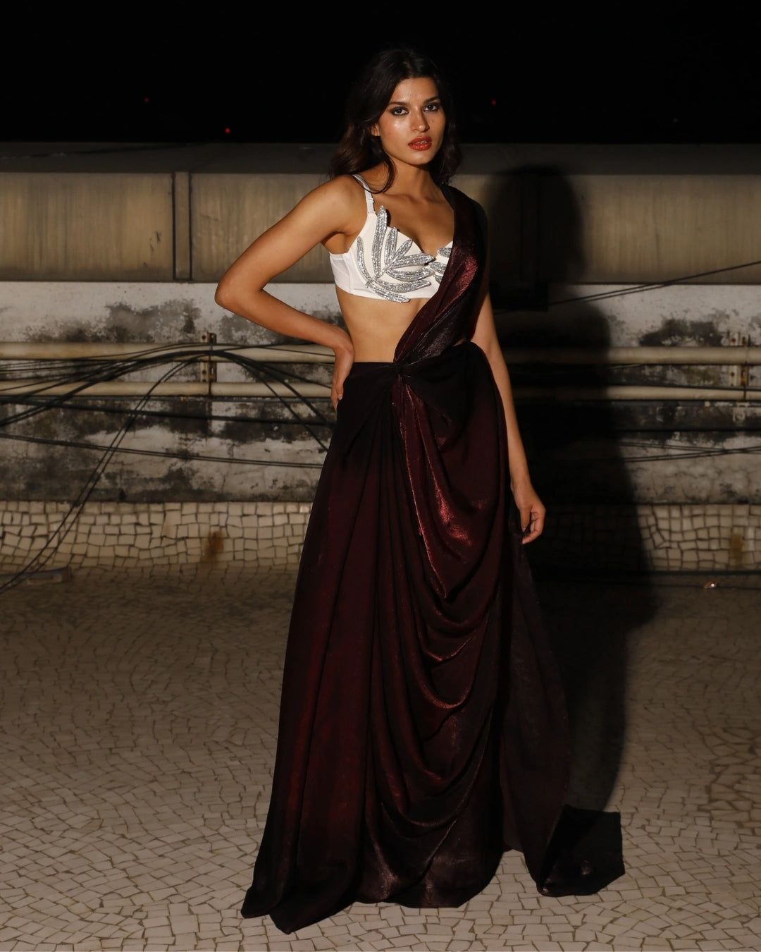 Maroon Georgette Saree with White Sculpted Embellished Blouse