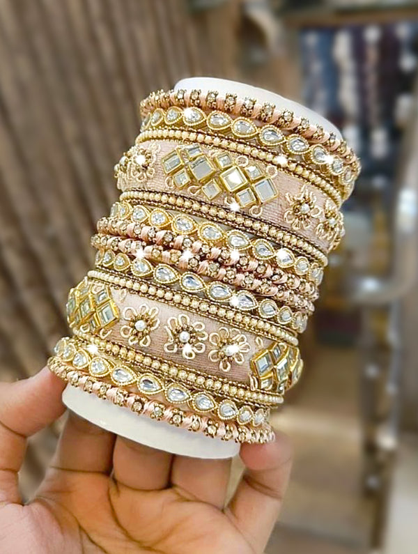 Rose Gold Bangles with Zarkan, Mirror, and Zari Work - Nonita Fashion