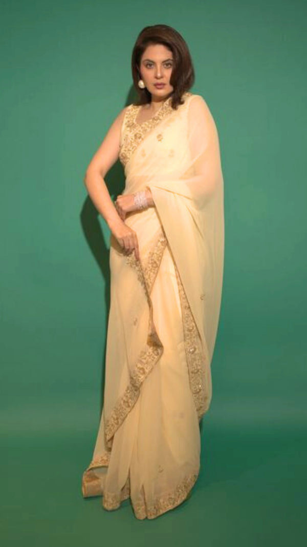 Yellow Hand Embroidered Georgette Saree and Matching Floral Embroidered Blouse