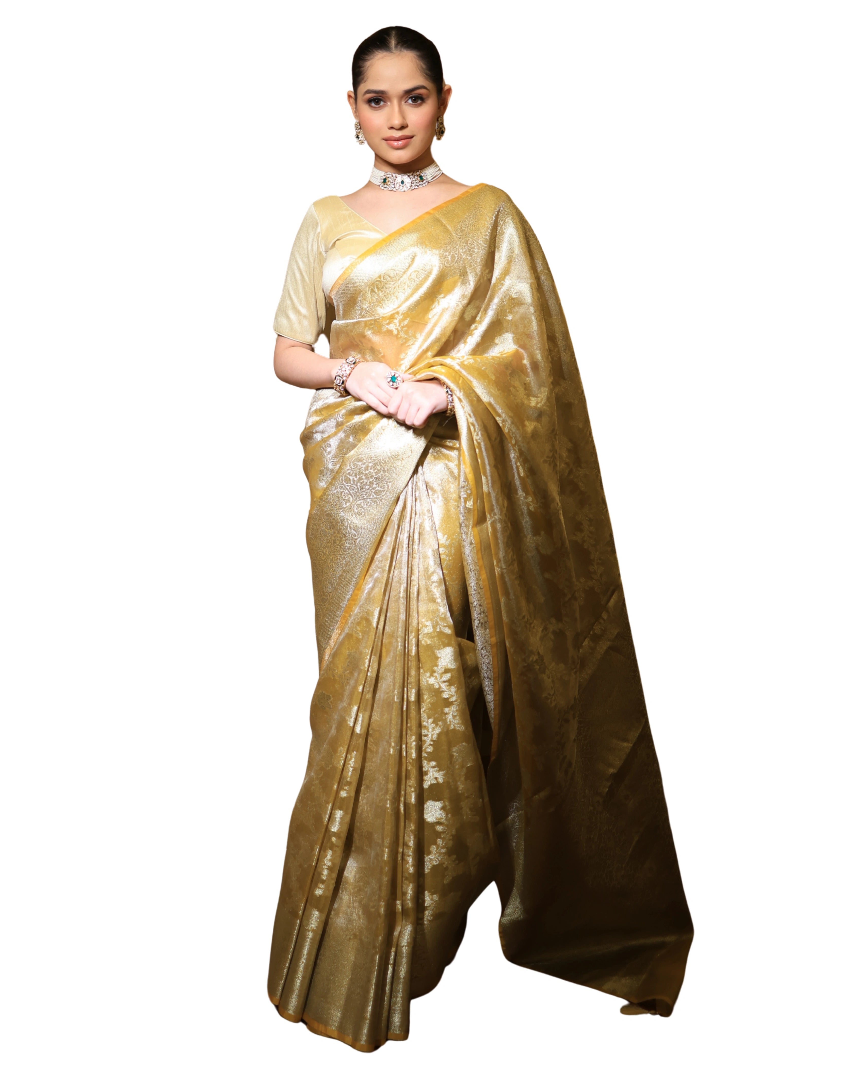 Gold Banarasi Silk Saree with Pure Gold Zari Floral Weaving and Matching Blouse