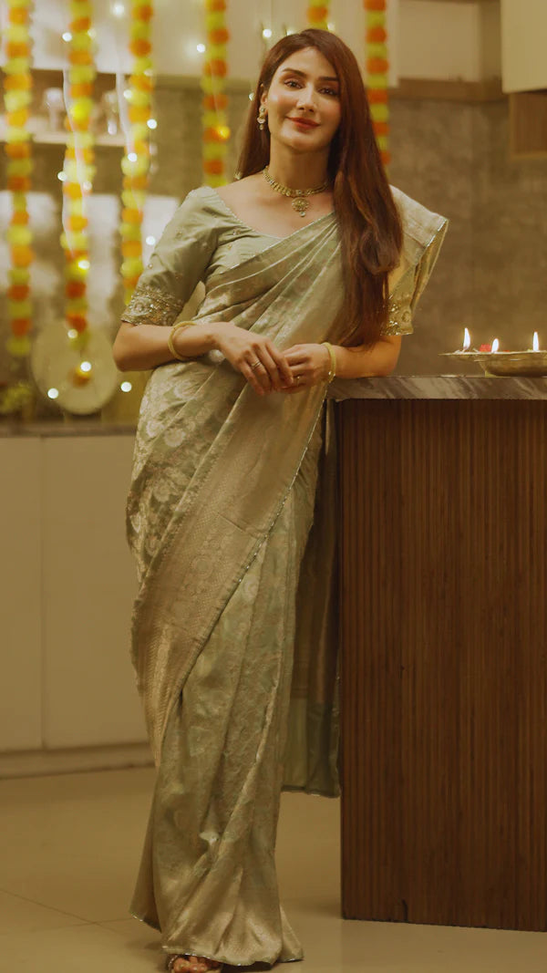 Sage Green Draped Silk Dhoti with Golden Floral Design