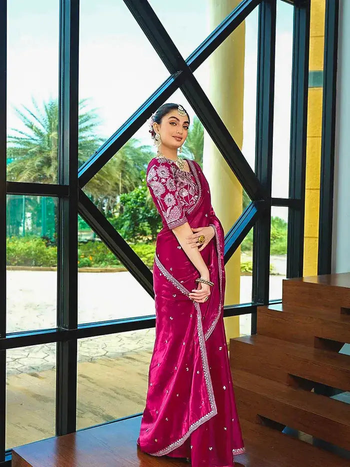 Red Silk Saree with Sequin Embroidery Work and Heavy Floral Sequin Embroidery Blouse