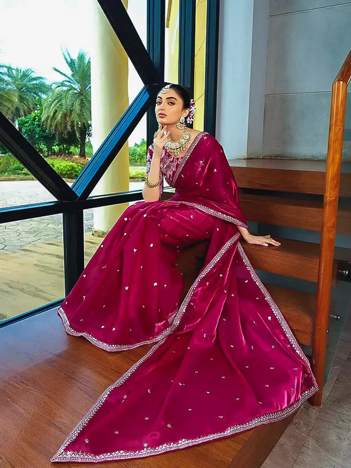 Red Silk Saree with Sequin Embroidery Work and Heavy Floral Sequin Embroidery Blouse