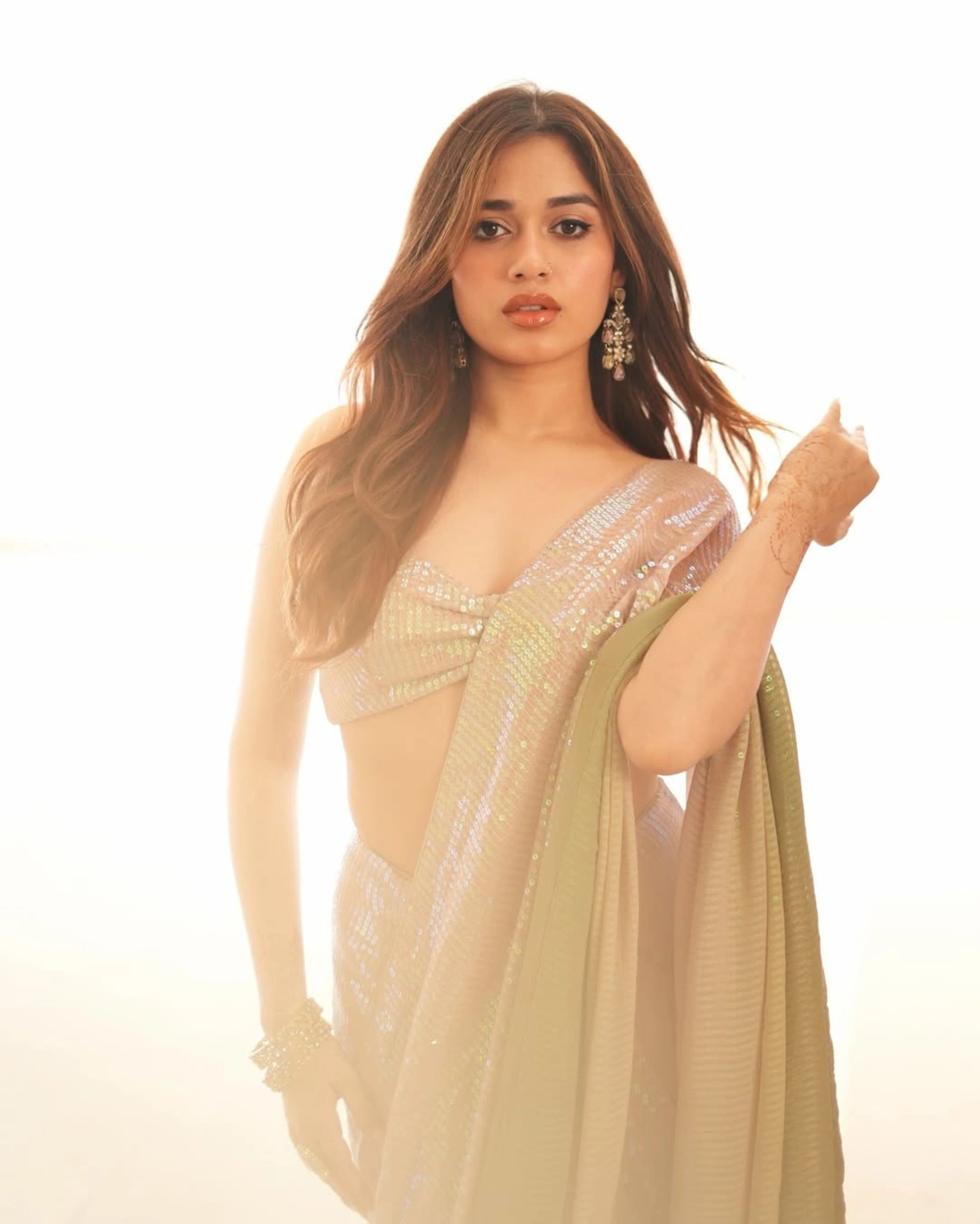 Beige and Olive Green Ombre Georgette Pre-Stitch Saree with All-Over Sequin Work and Matching Blouse