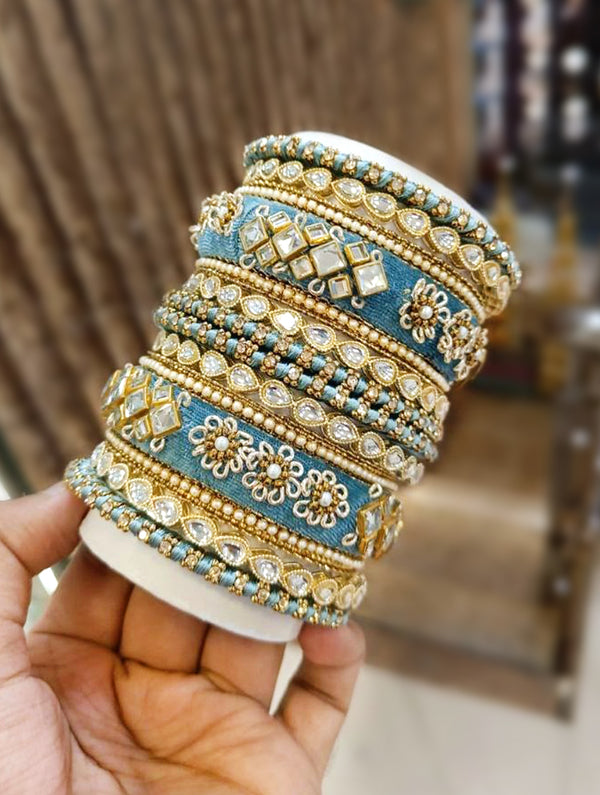 Blue Bangles with Zarkan, Mirror, and Zari Work - Nonita Fashion