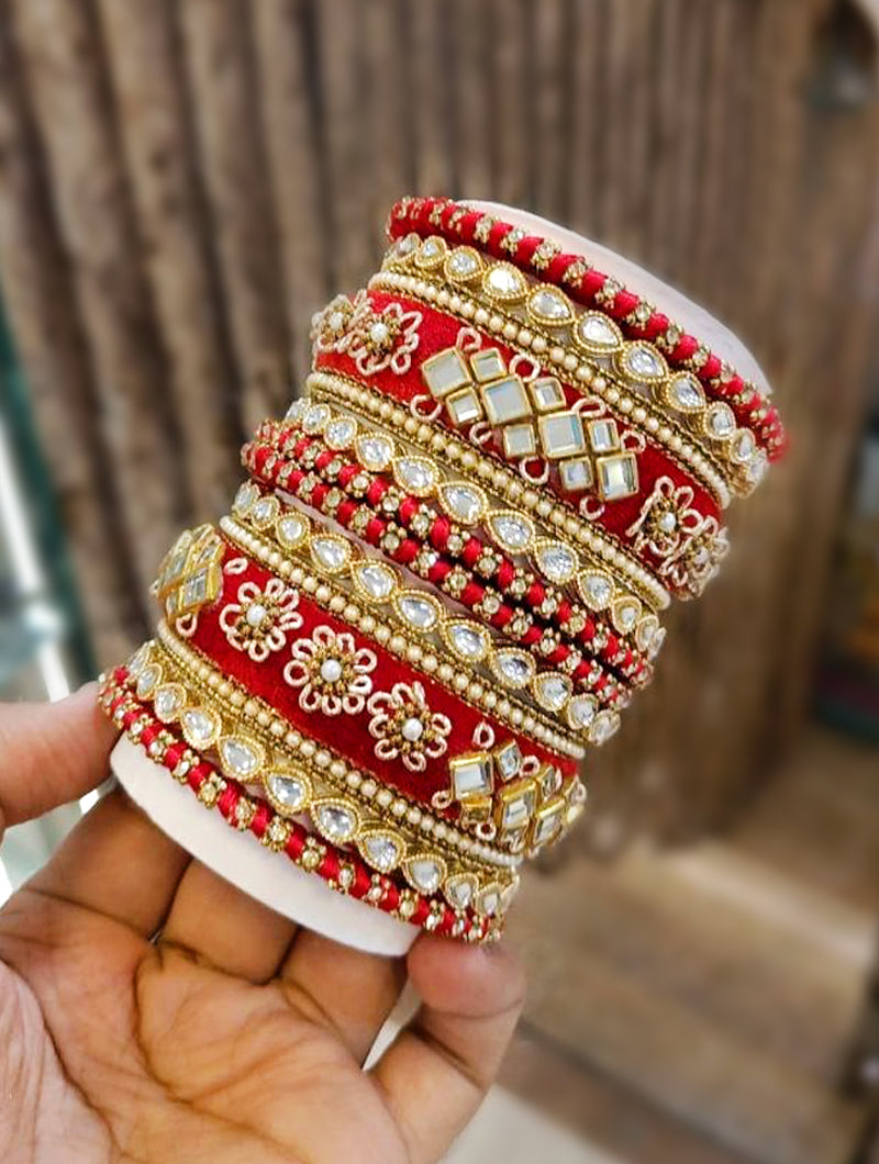 Shagun Red Bangles with Intricate Zari & Zarkan Design - Nonita Fashion