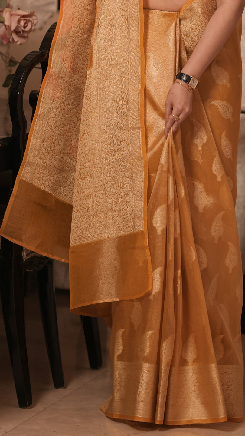 Yellow Banarasi Silk Saree with Pure Gold Zari Leaf Design and Matching Checked Blouse