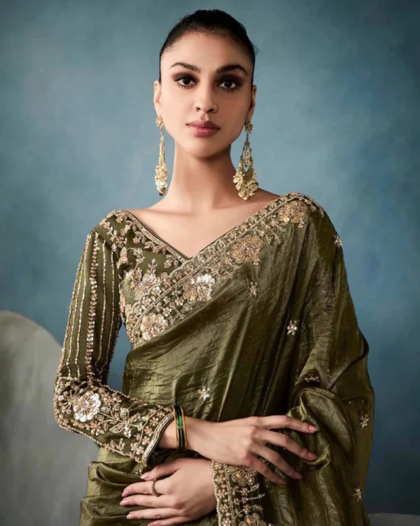 Olive Green Pure Tissue Silk Saree with Hand Floral Embroidery Border and Sequin Bead Work