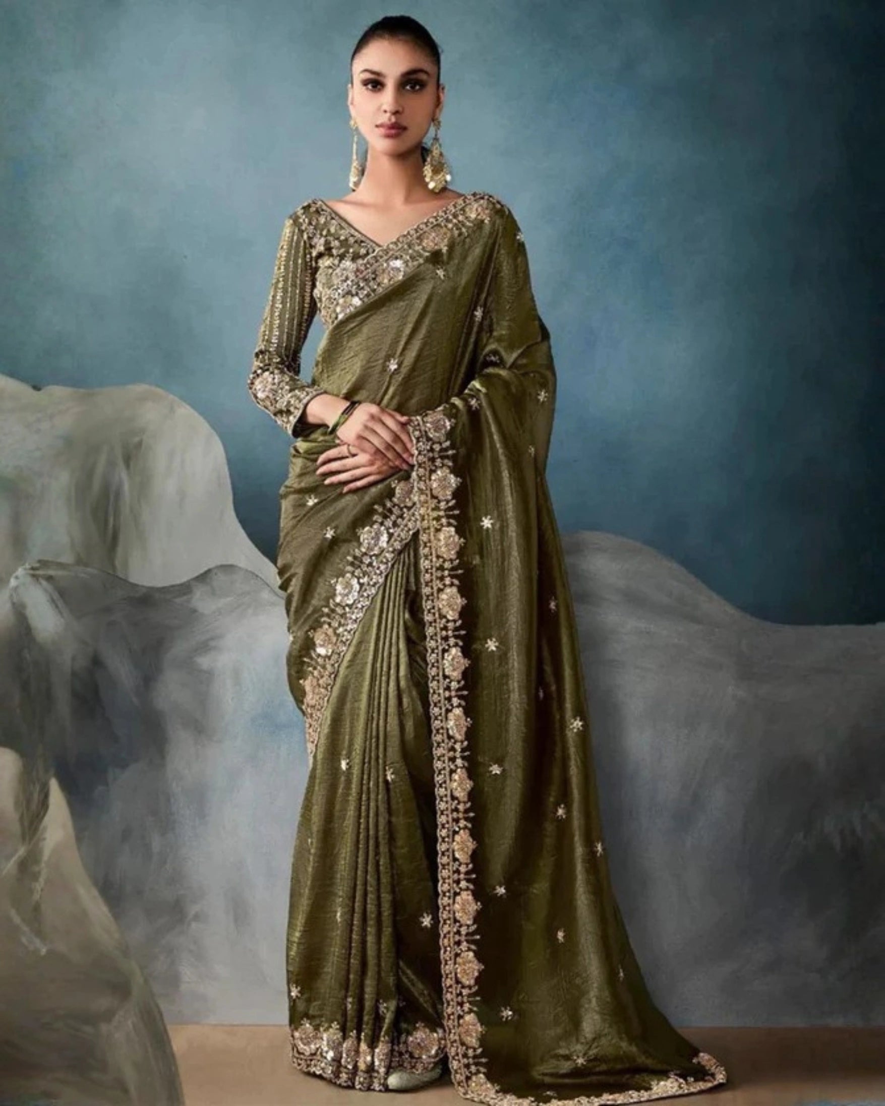 Olive Green Pure Tissue Silk Saree with Hand Floral Embroidery Border and Sequin Bead Work