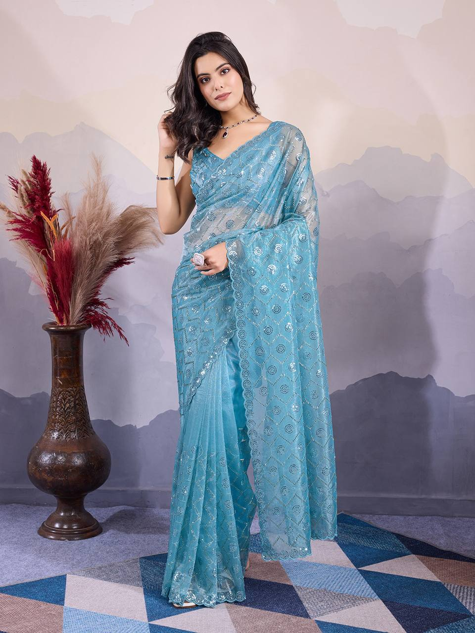 Bluebell Blossom Shimmer Saree - Nonita Fashion