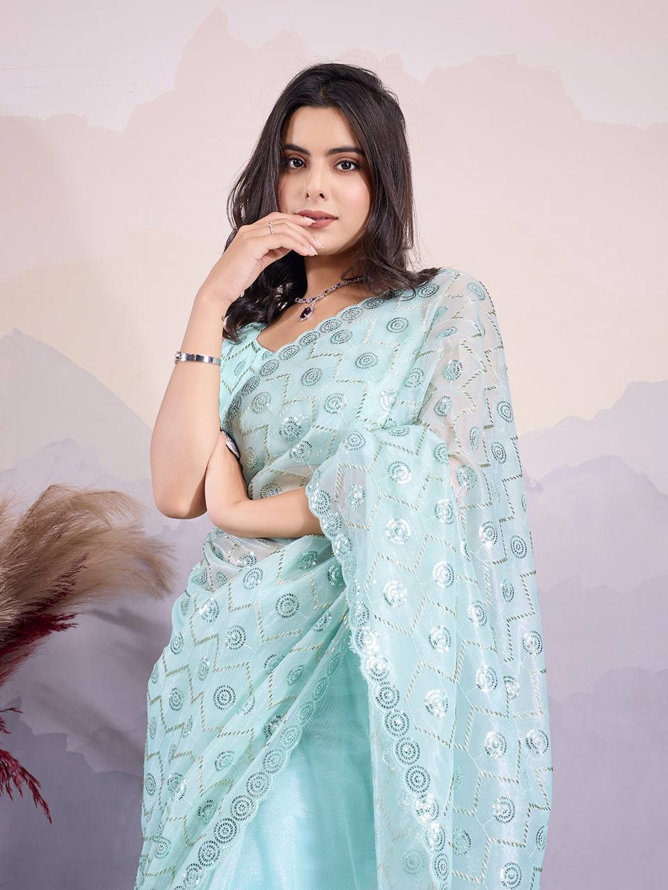 Bleu Celeste Shimmer Saree - Nonita Fashion