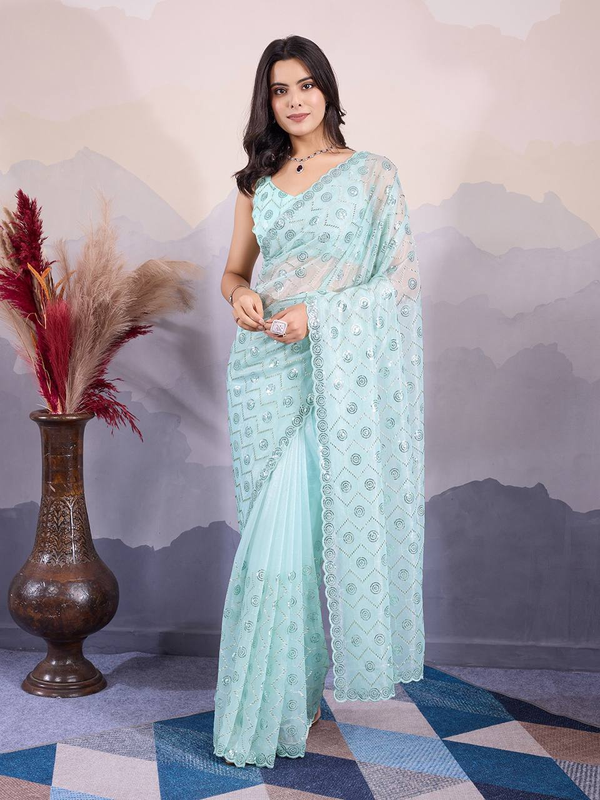 Bleu Celeste Shimmer Saree - Nonita Fashion