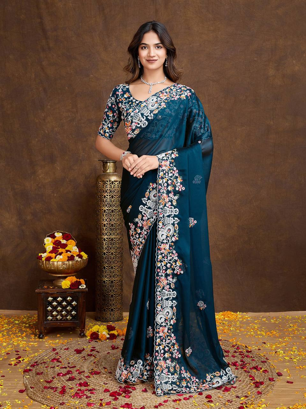 Radha Krishna Ode to Love Teal Saree - Nonita Fashion