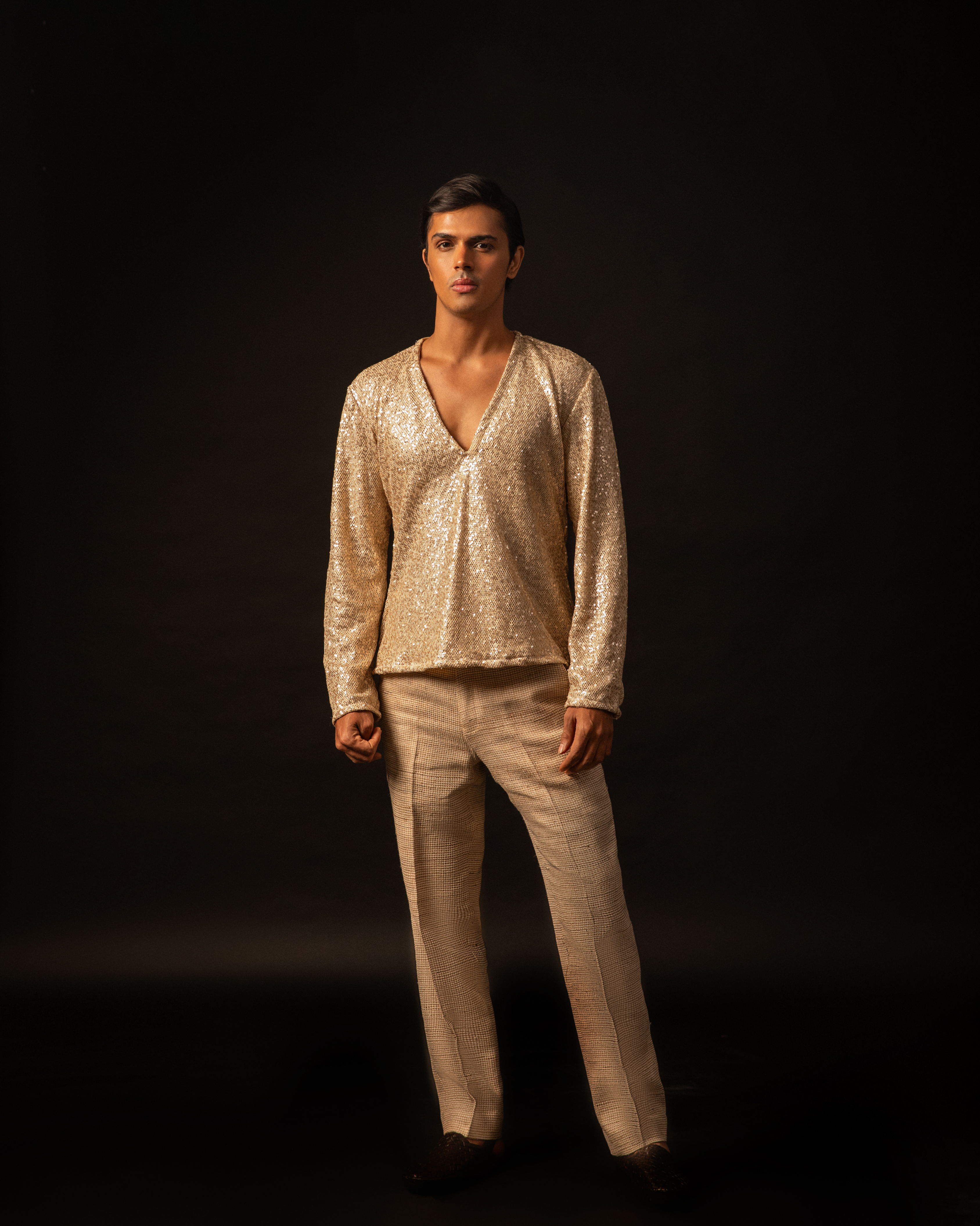 Desert Gold Short Kurta in Mesh with Lining and Cotton-Linen Pants