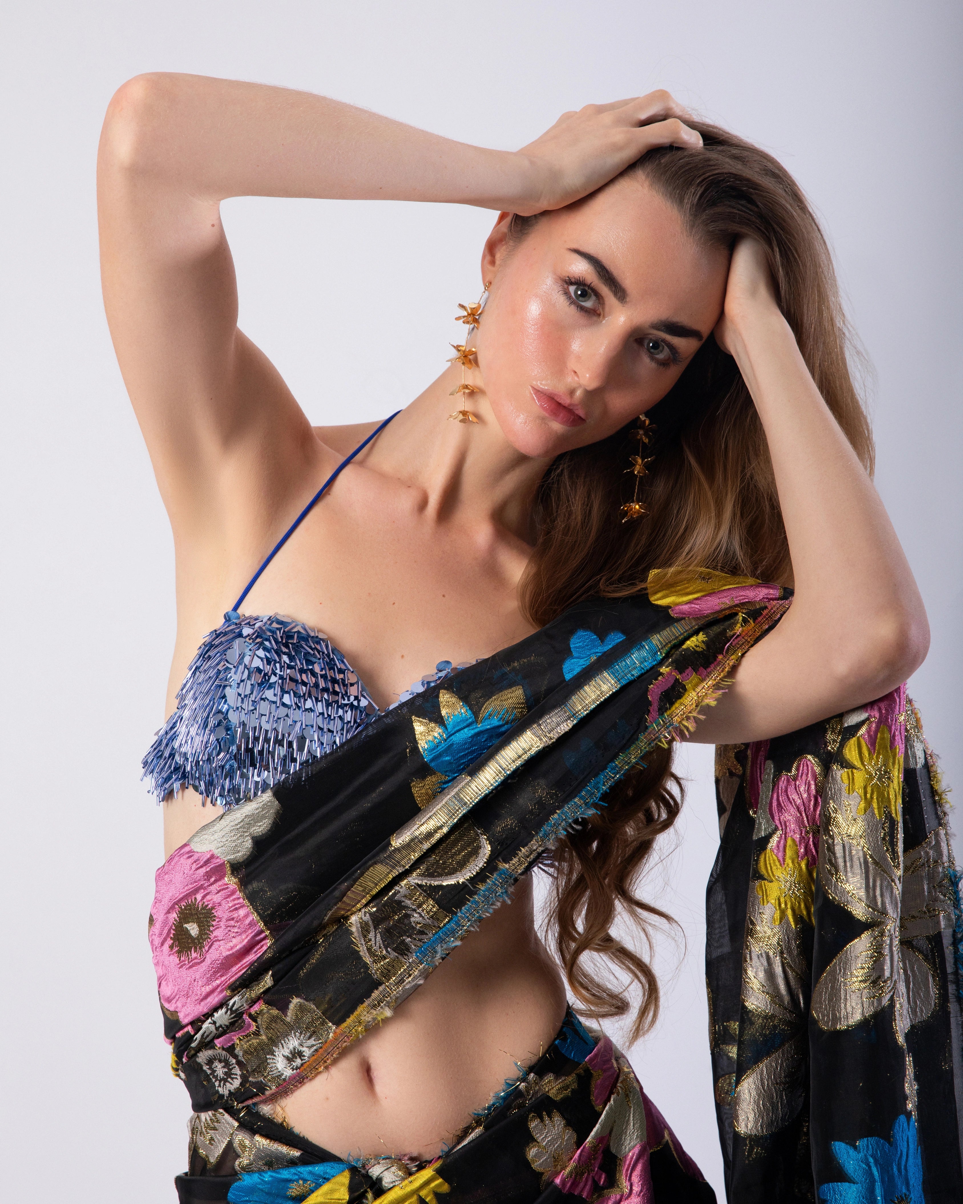 Black Multicolor Floral Silk Saree with Handwoven Brocade Motifs and Fringe-Detail Blouse