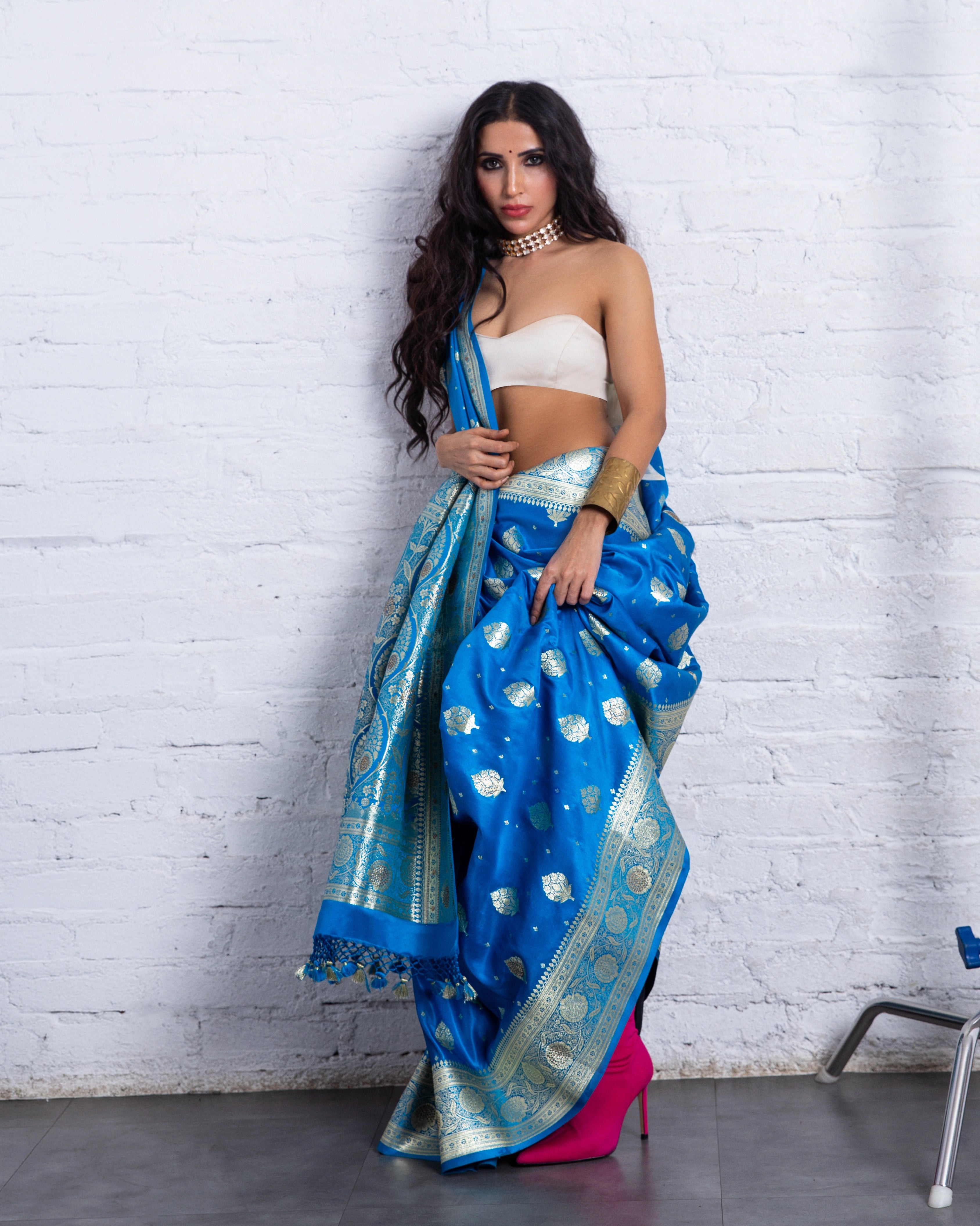 Blue Banarasi Silk Saree with Floral Zari Design and Plain White Blouse