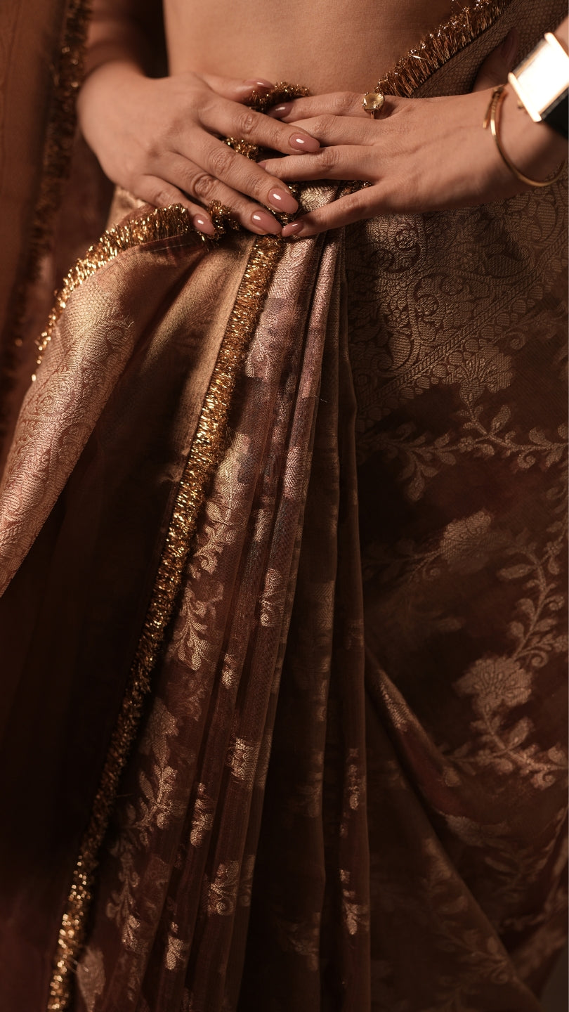 Orange Banarasi Silk Saree with Pure Gold Zari Floral Weaving and Matching Checked Blouse