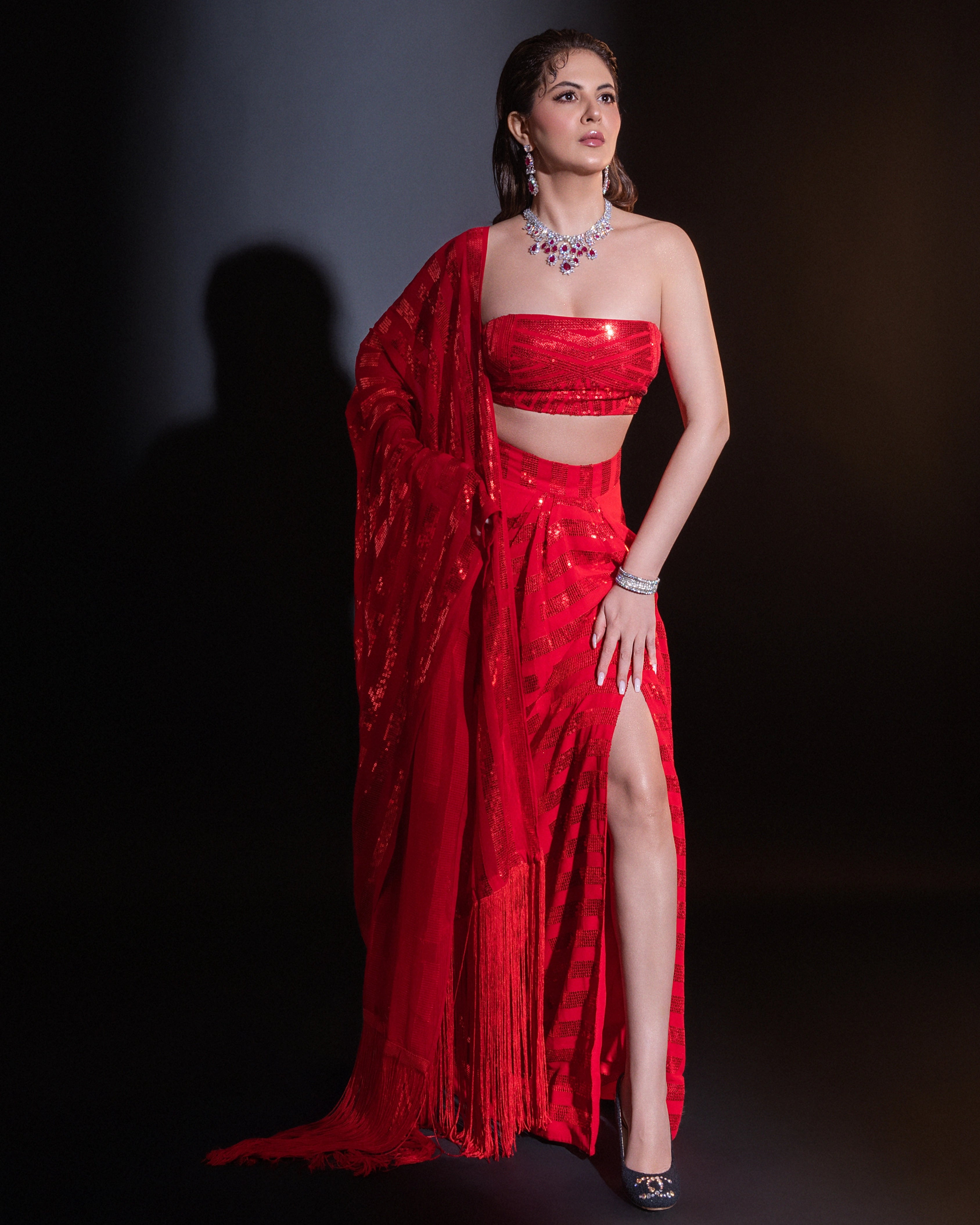 Crimson Red Georgette Sequin Per Drap Saree with Matching Blouse