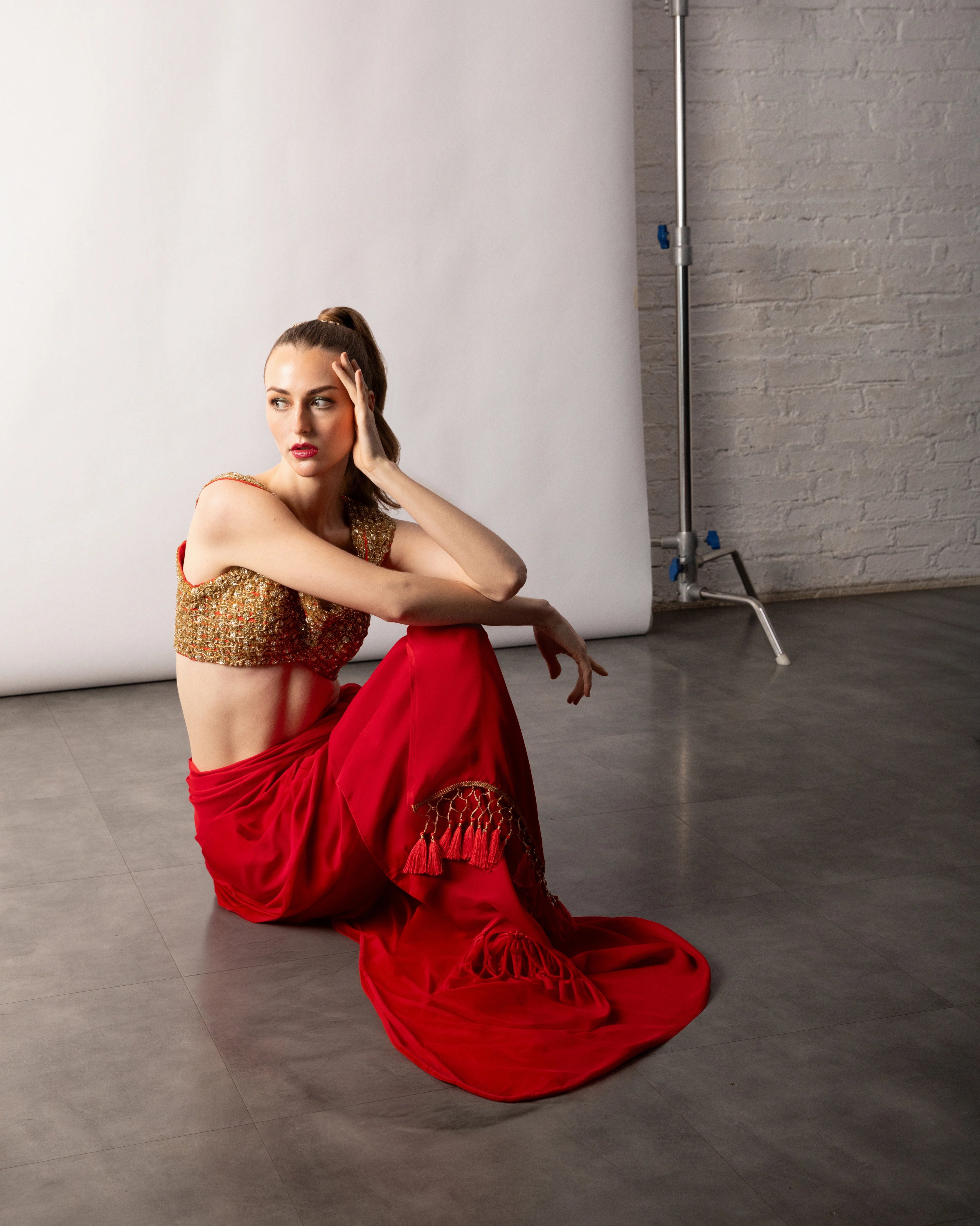 Red Semi Silk Saree Set with Gold Zari Sequin Blouse