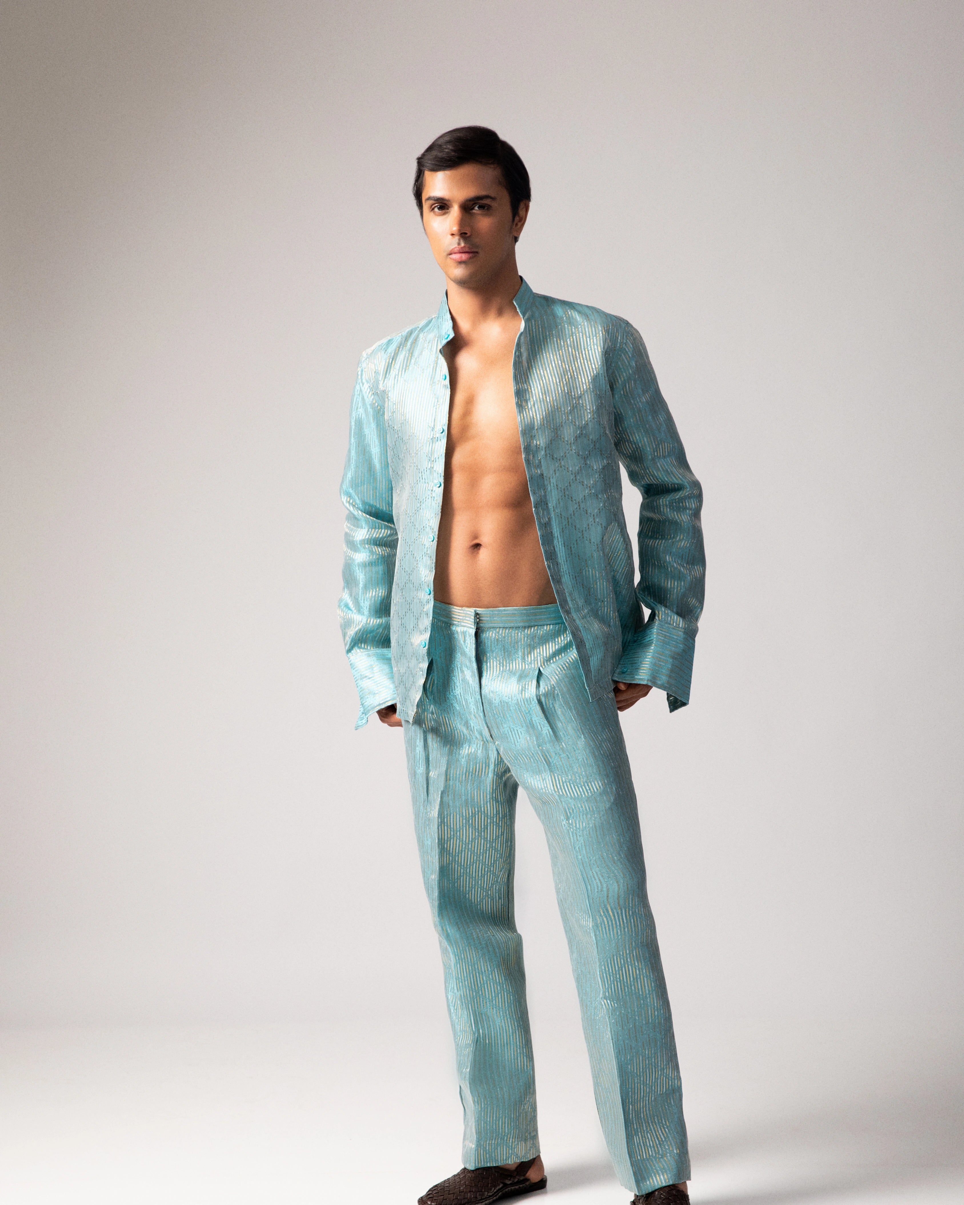Blue Silk Co-ord Set with Matching Silk Straight-Cut Trousers