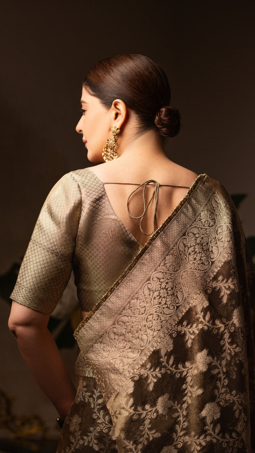 Grey Banarasi Silk Saree with Pure Gold Zari Floral Weaving and Matching Checked Blouse