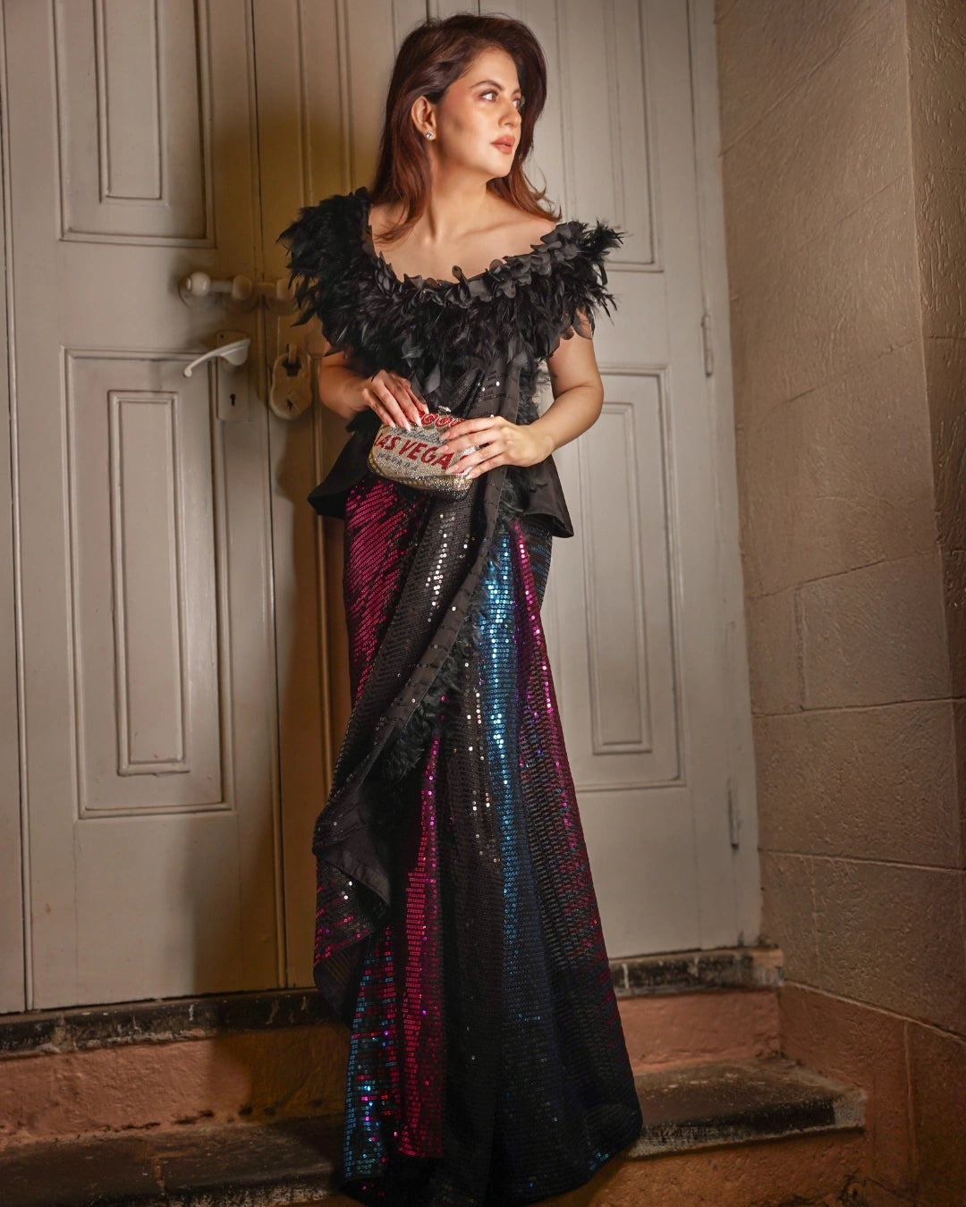 Midnight Siren – Black Sequin Saree with Ruffle Feather Blouse by Label Nonita Fashion