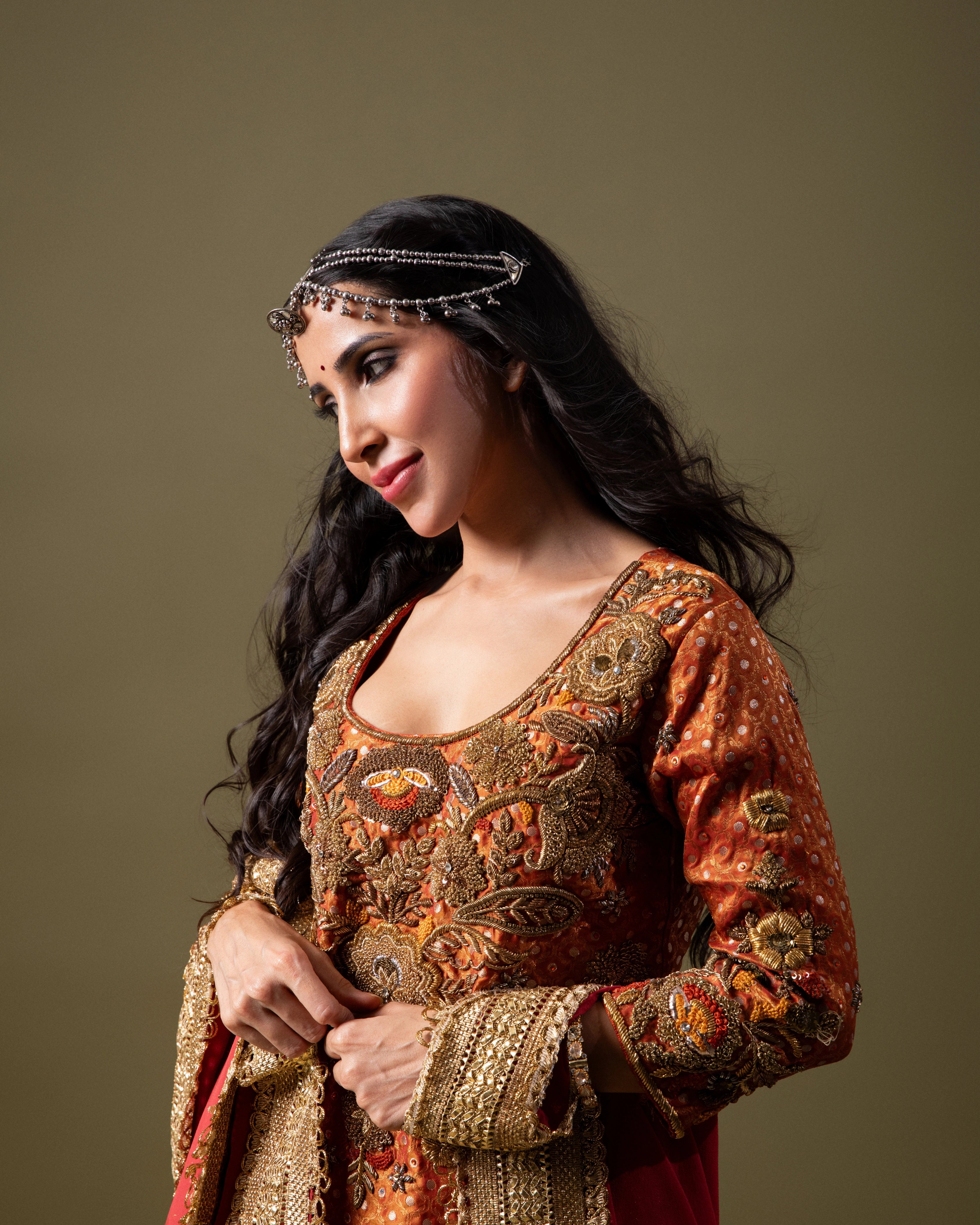 Orange Silk Kurta with Plain Blue Silk Lehenga and Matching Orange Dupatta with Lace Border