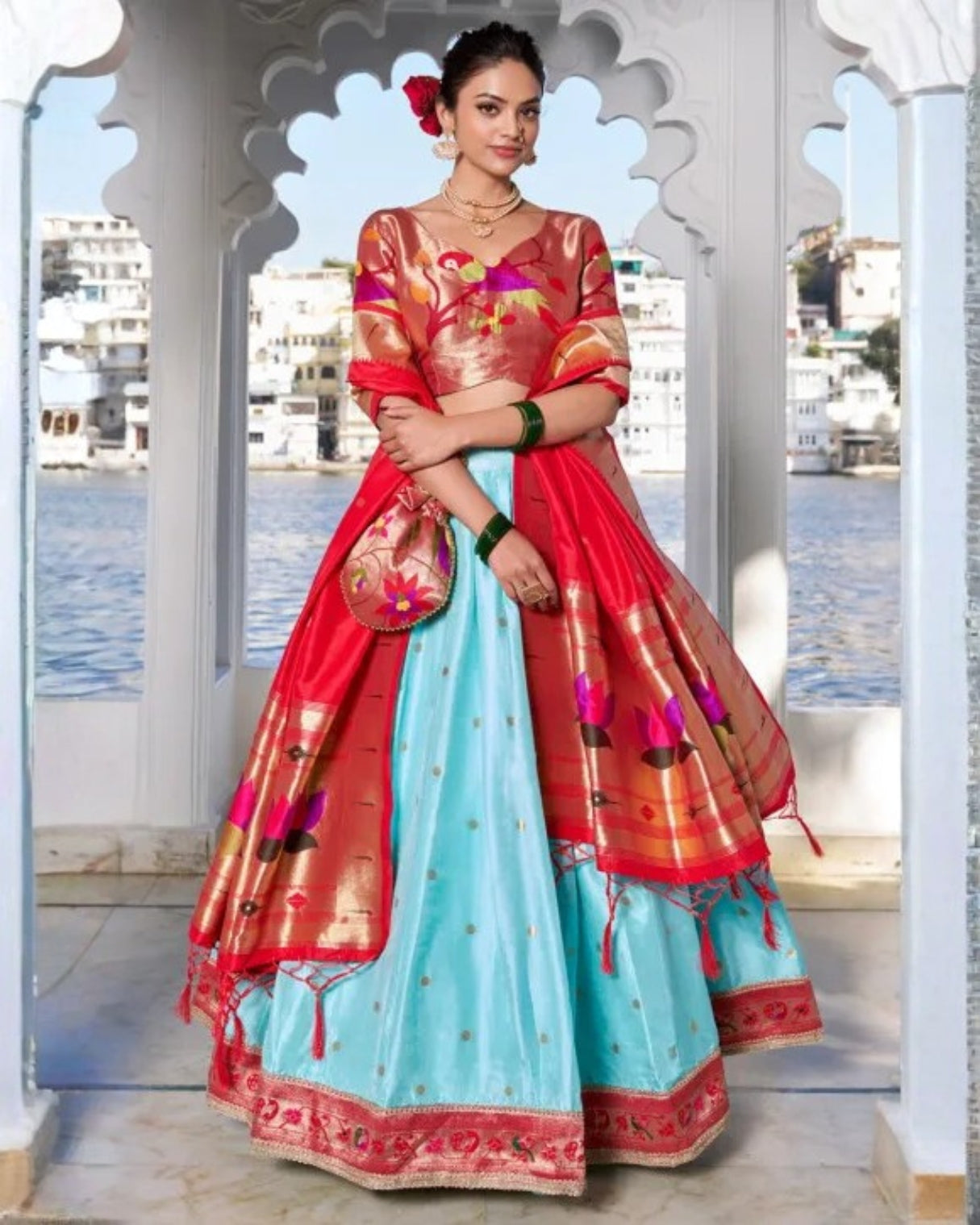 Blue Paithani Silk Lehenga with Red Lotus Design Dupatta