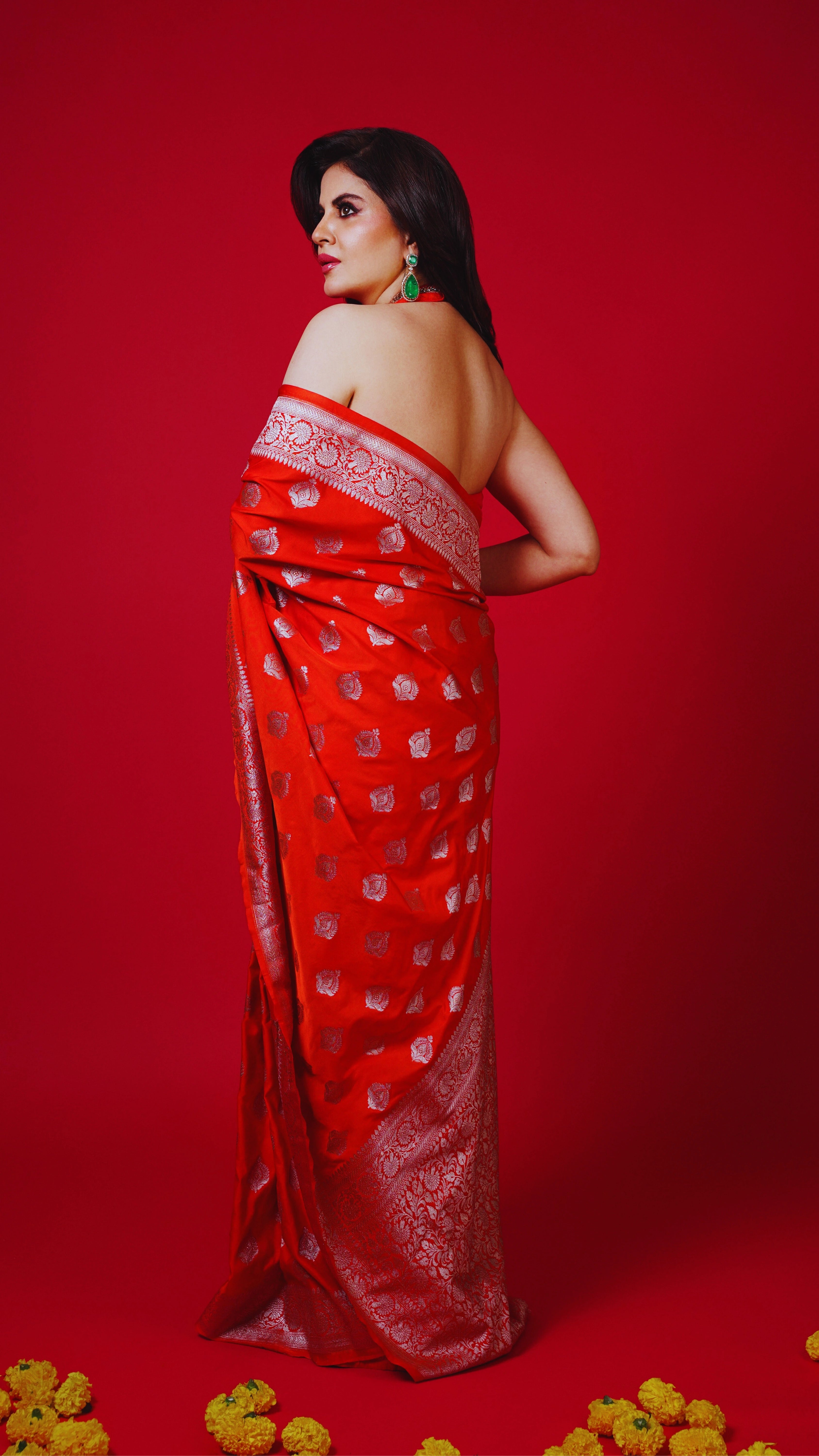 Orange Pure Banarasi Silk Saree with Gold Zari Weaving and Matching Blouse