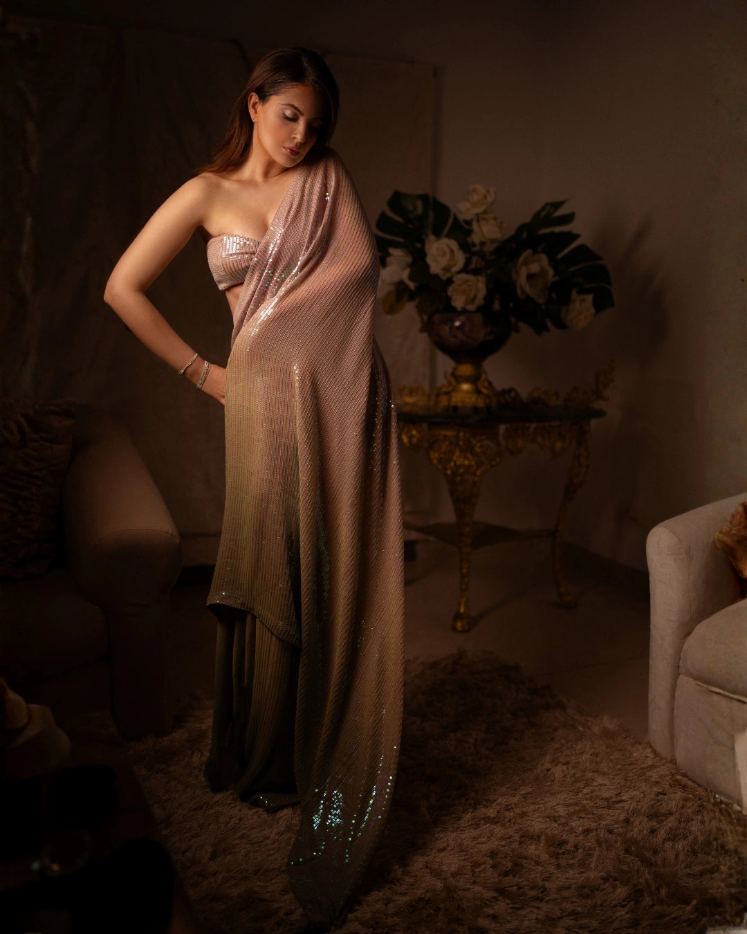 Beige and Olive Green Ombre Georgette Pre-Stitch Saree with All-Over Sequin Work and Matching Blouse