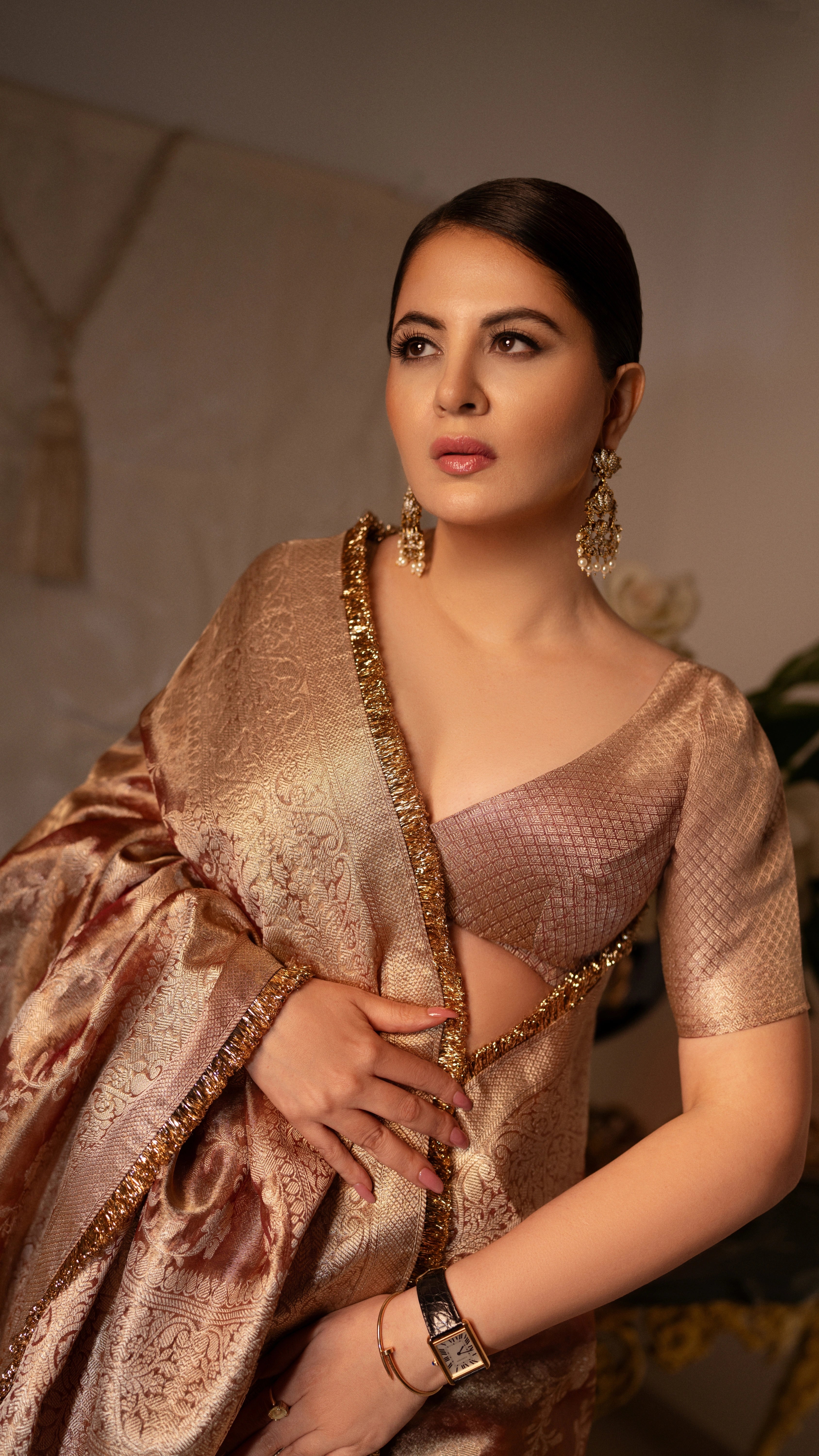 Orange Banarasi Silk Saree with Pure Gold Zari Floral Weaving and Matching Checked Blouse