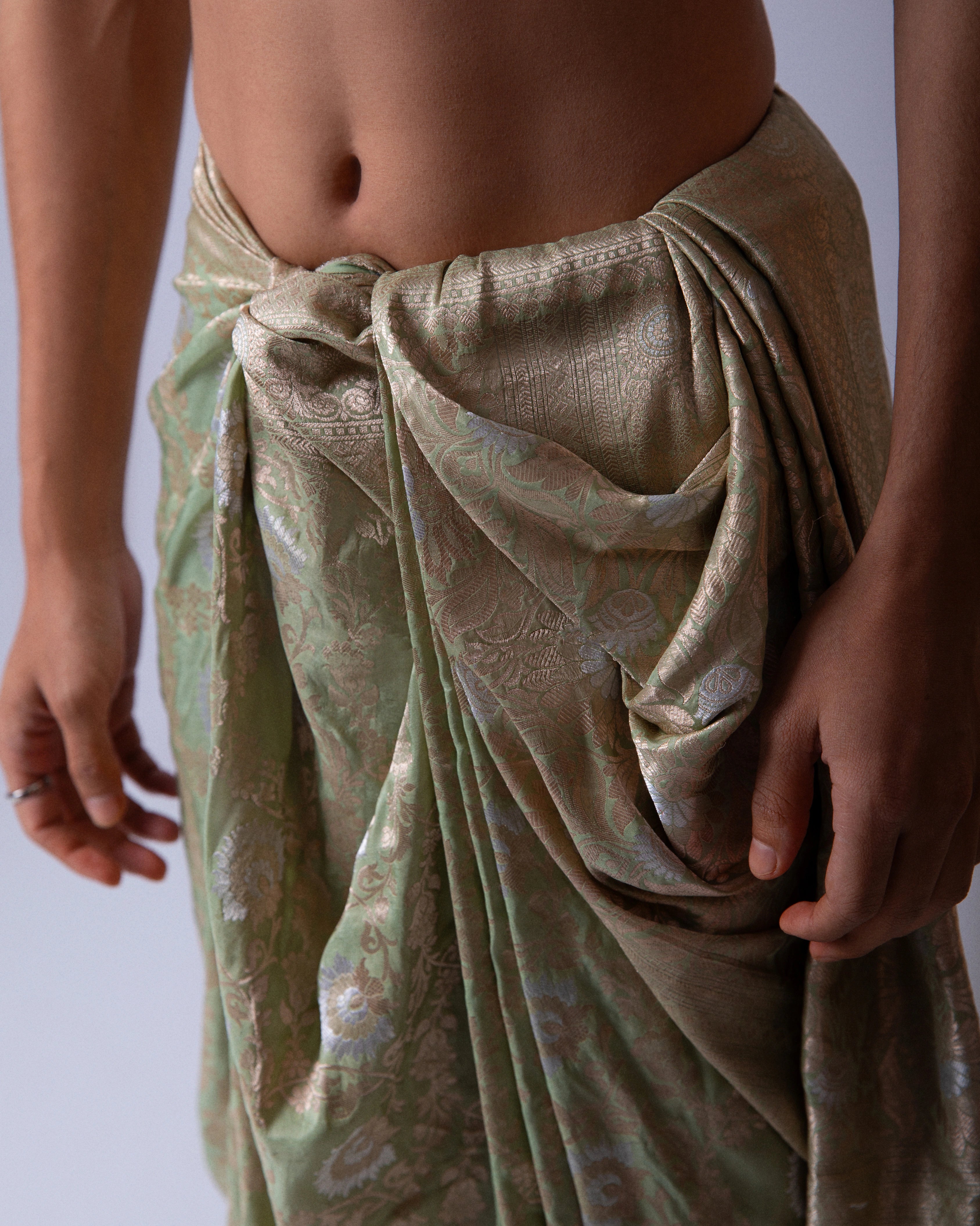 Sage Green Draped Silk Dhoti with Golden Floral Design