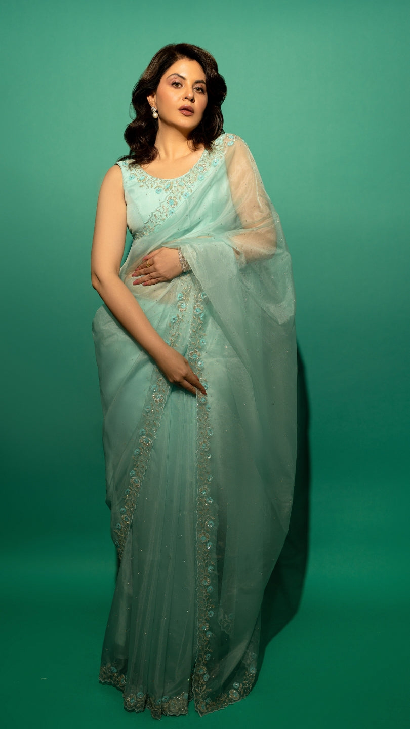 Sky Blue Hand Embroidered Saree and Matching Floral Embroidered Blouse