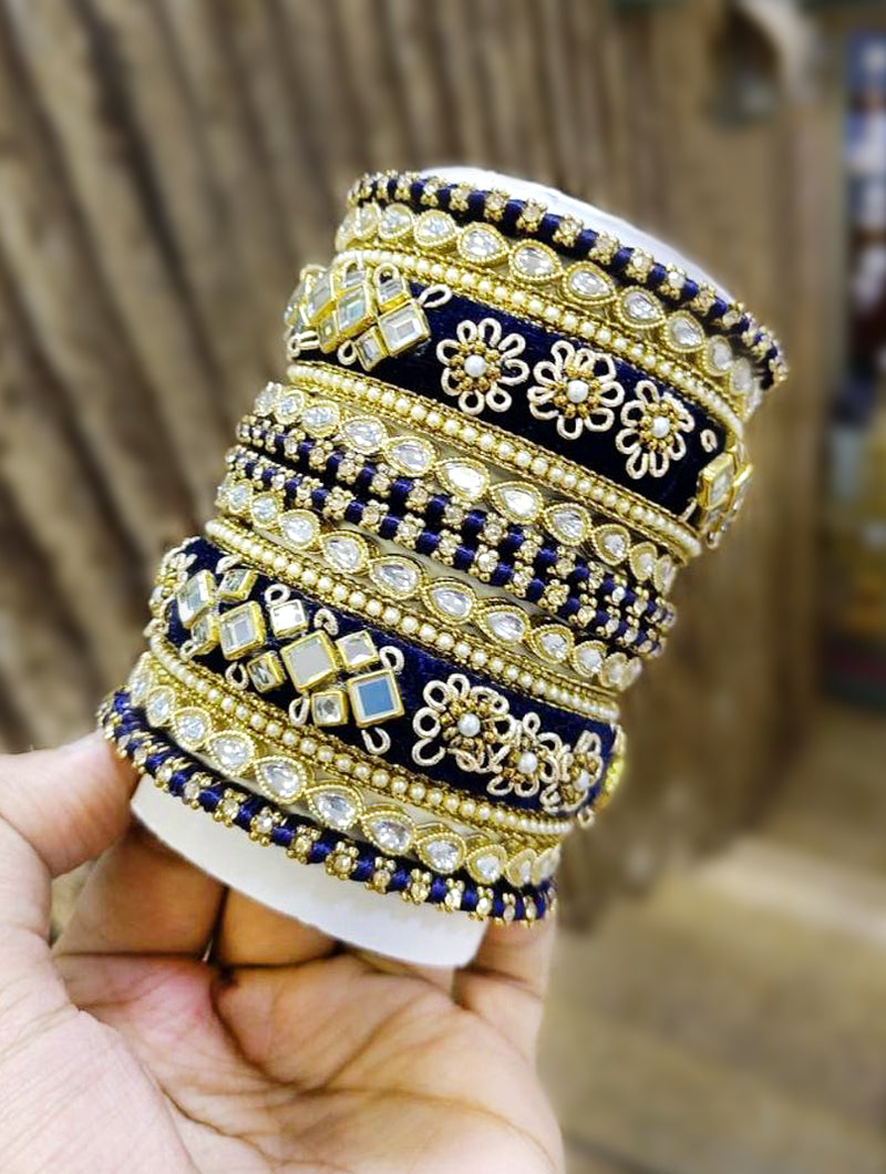 Navy Blue Bangles with Zarkan, Mirror, and Zari Work - Nonita Fashion