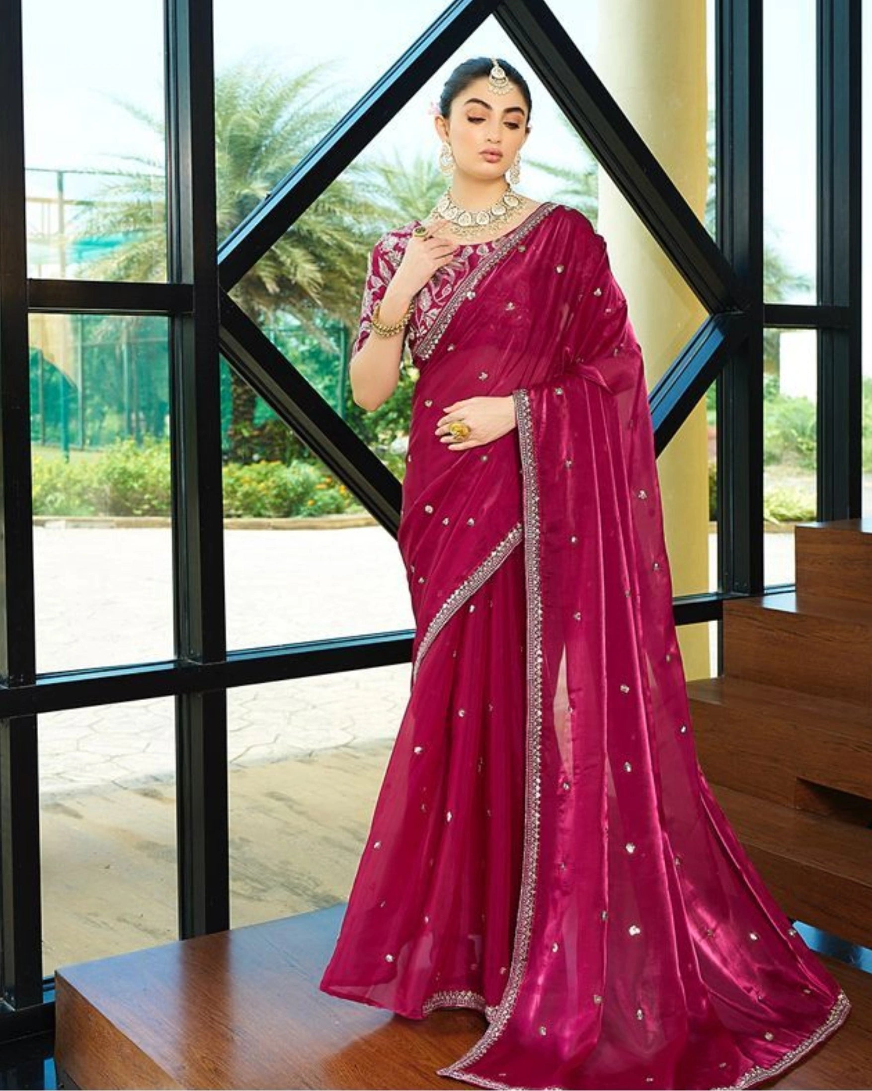 Red Silk Sequin Embroidery Work Saree and Floral Embroidery Blouse