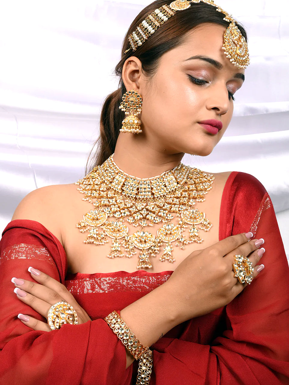 Chandini Lotus Bridal Necklace Set With Sheeshphool, Rings and Bangles - Nonita Fashion