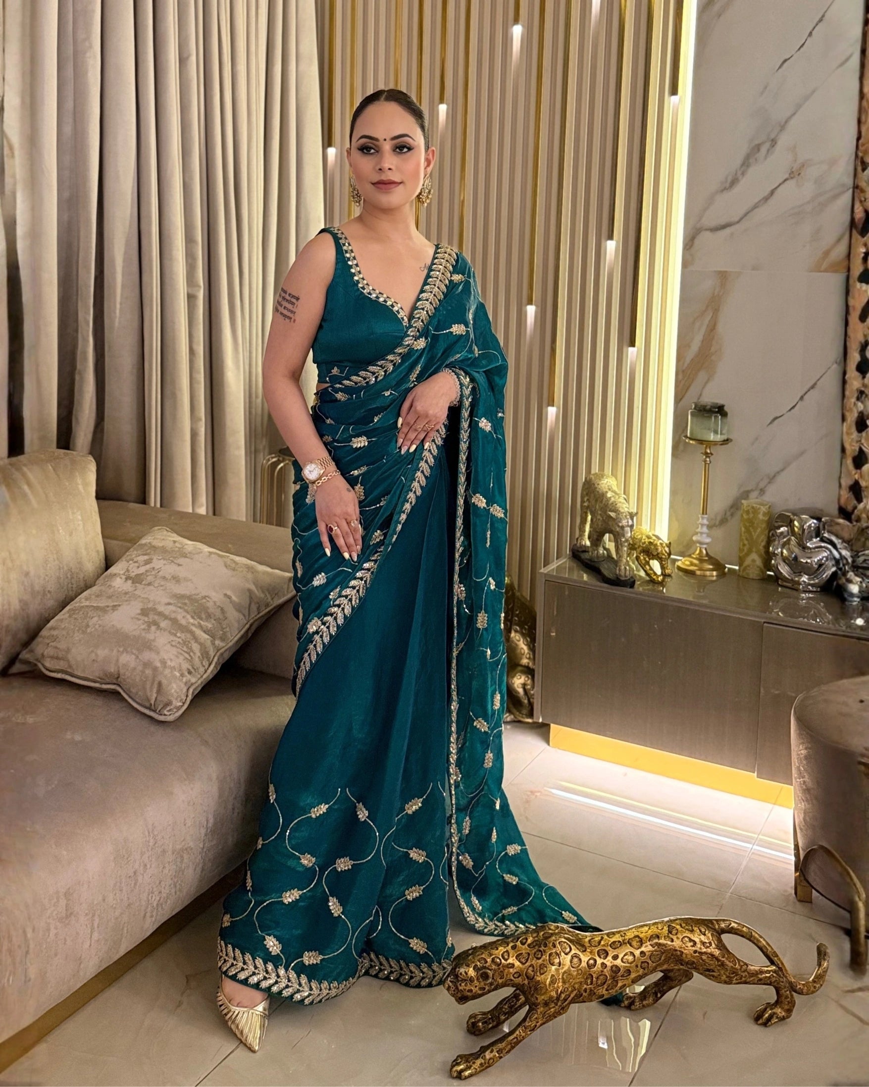 Emerald Green and Gold Leaf Silk Saree with Sequin Thread Embroidery and Matching Embroidered Blouse