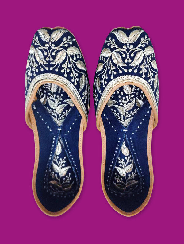 Navy Blue Jutti with Silver Leaf Design Threadwork - Nonita Fashion