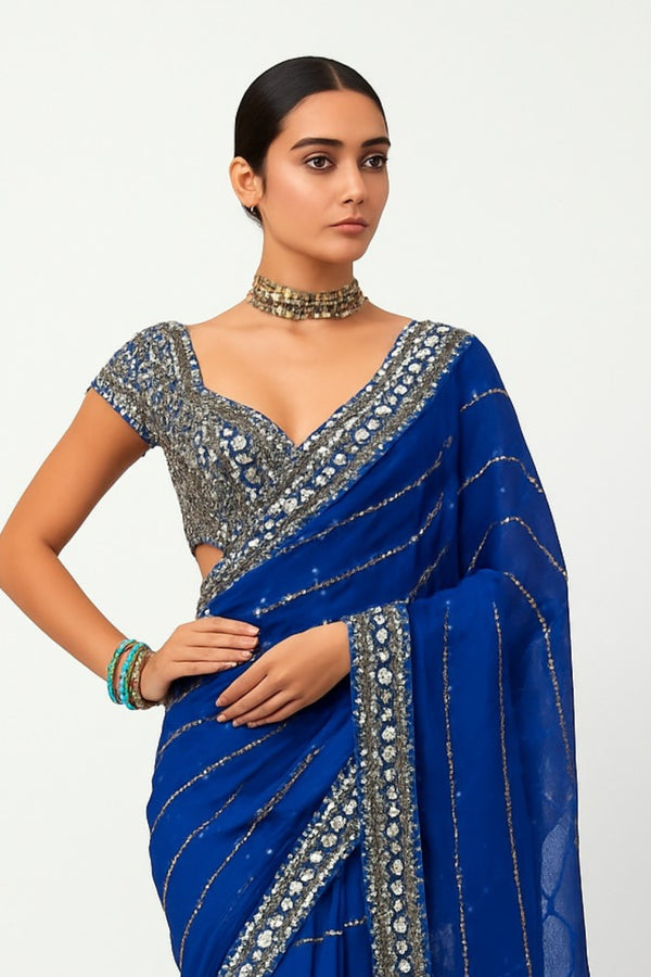 Blue Organza Saree mirror work embroidery with Border