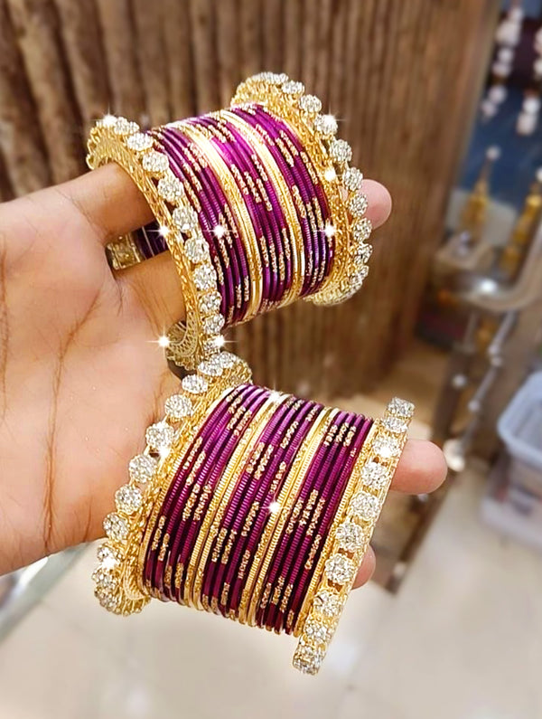 Wine and Gold Bangles with Intricate Stone Work - Nonita Fashion